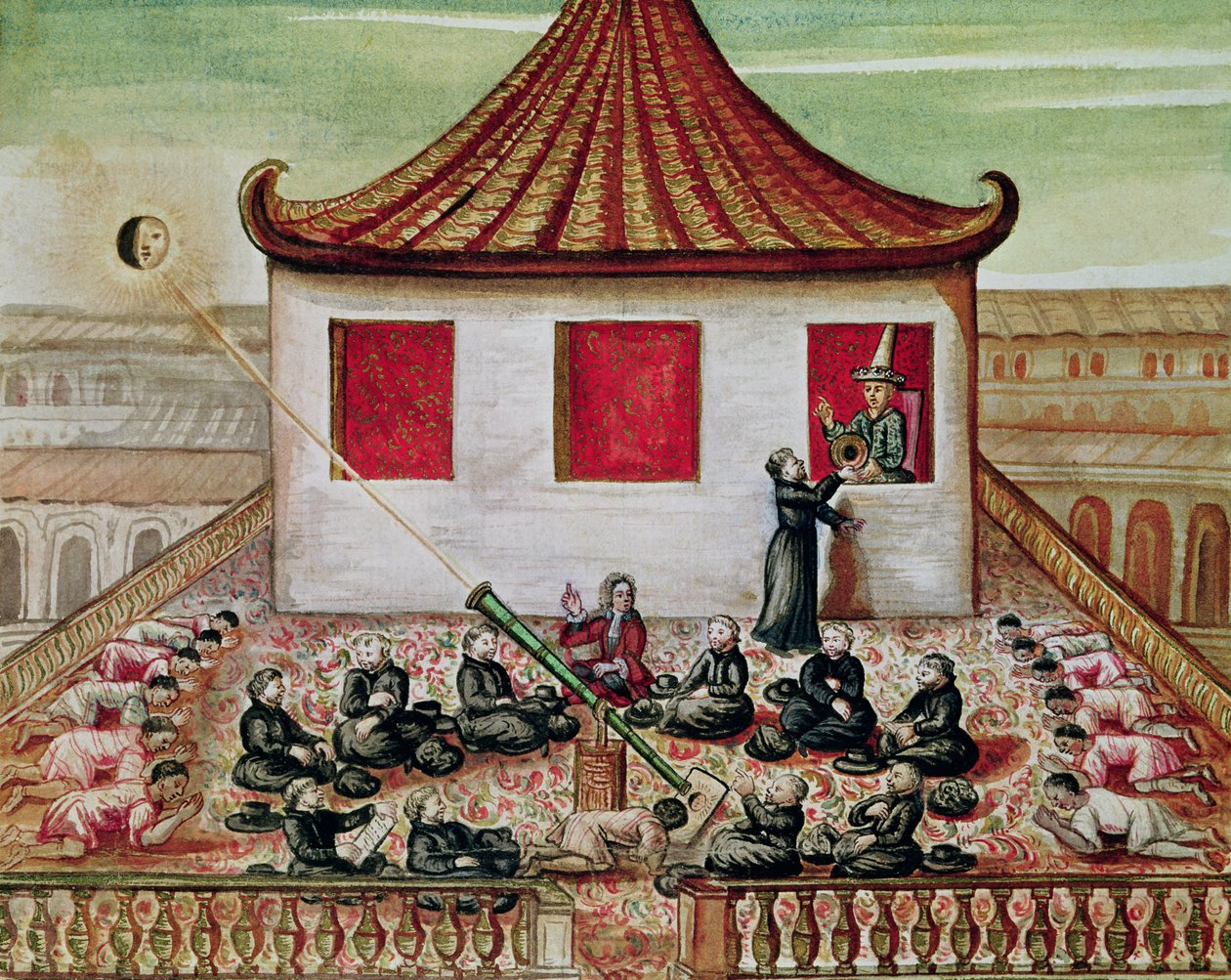 od. 59 fol.7 Zatmění Slunce v Siamu v roce 1688, viděno jezuitskými misionáři, v přítomnosti krále Siam v okně jeho paláce, 1688 (wc na papíře) od French School