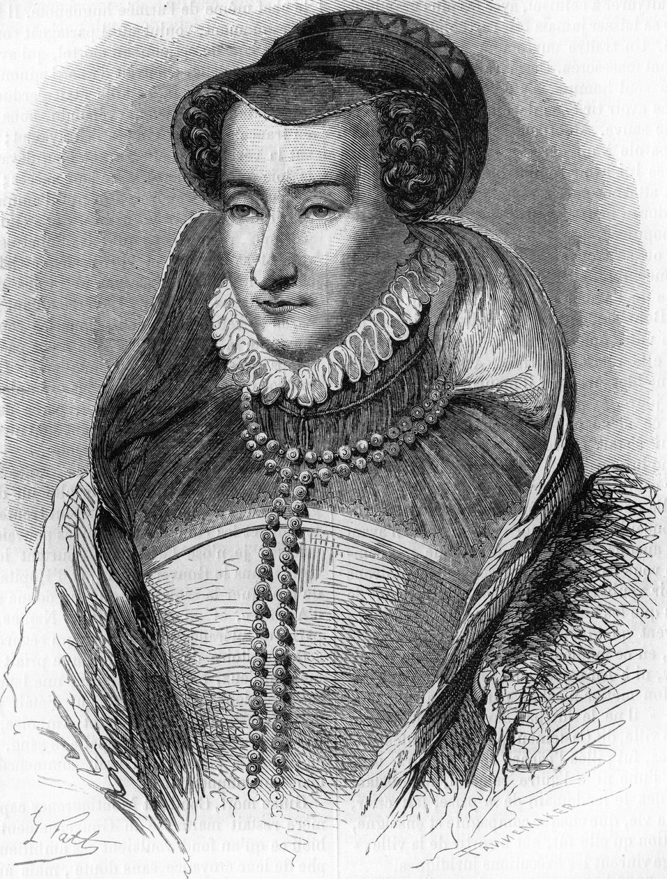 portrét Jany III. z Albretu (1528-1572), matky krále Jindřicha IV. a manželky Antoina de Bourbon (1528-1572). V “” Histoire Populaire de la France””, sd. kolem 1885. Rytina. od French School