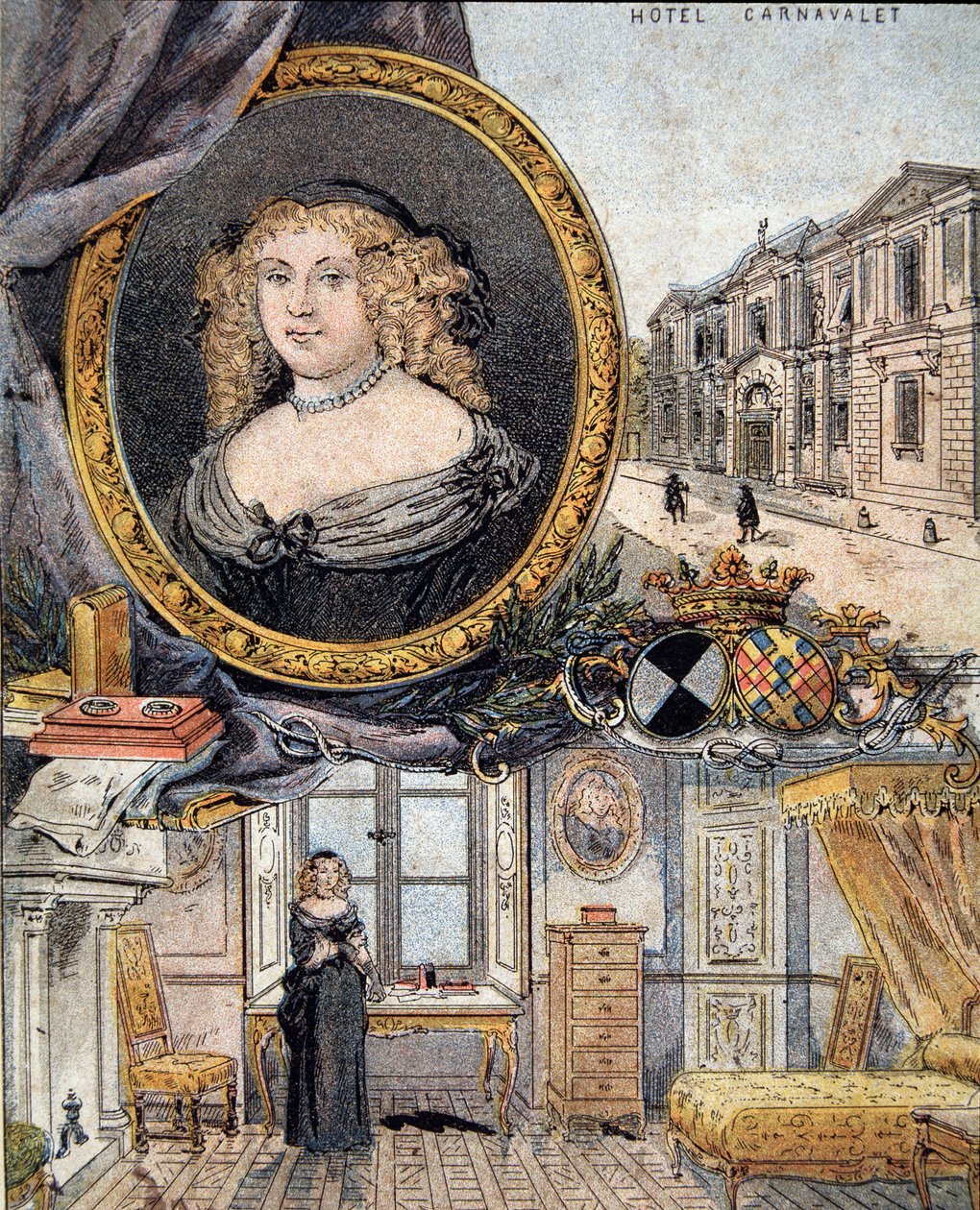 portrét Marie de Rabutin-Chantal (Rabutin Chantal), markýze ze Sevigne známé jako Madame de Sevigne (1626-1696) a její rezidence Hotel Carnavalet. od French School