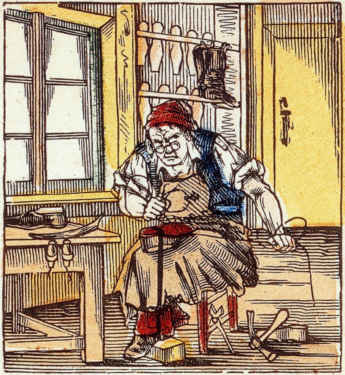 profese: obuvník opravující podrážku, konec 19. století (rytina) od French School
