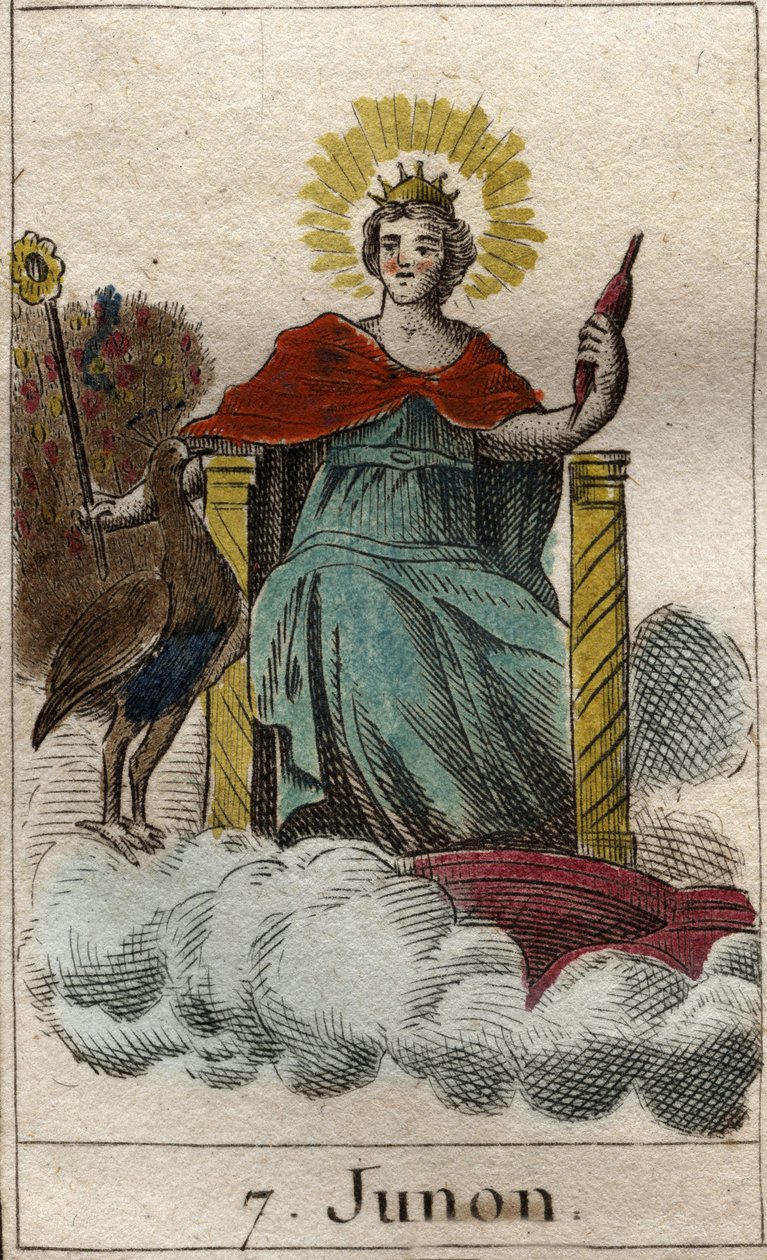reprezentace božské Juno, královny bohů a nebes, je to sestra a manželka Jupitera (reprezentace Juno, královny bohů, manželka a sestra Jupitera). Z „Mytologie mládí“ od Pierra Blancharda 1803. od French School