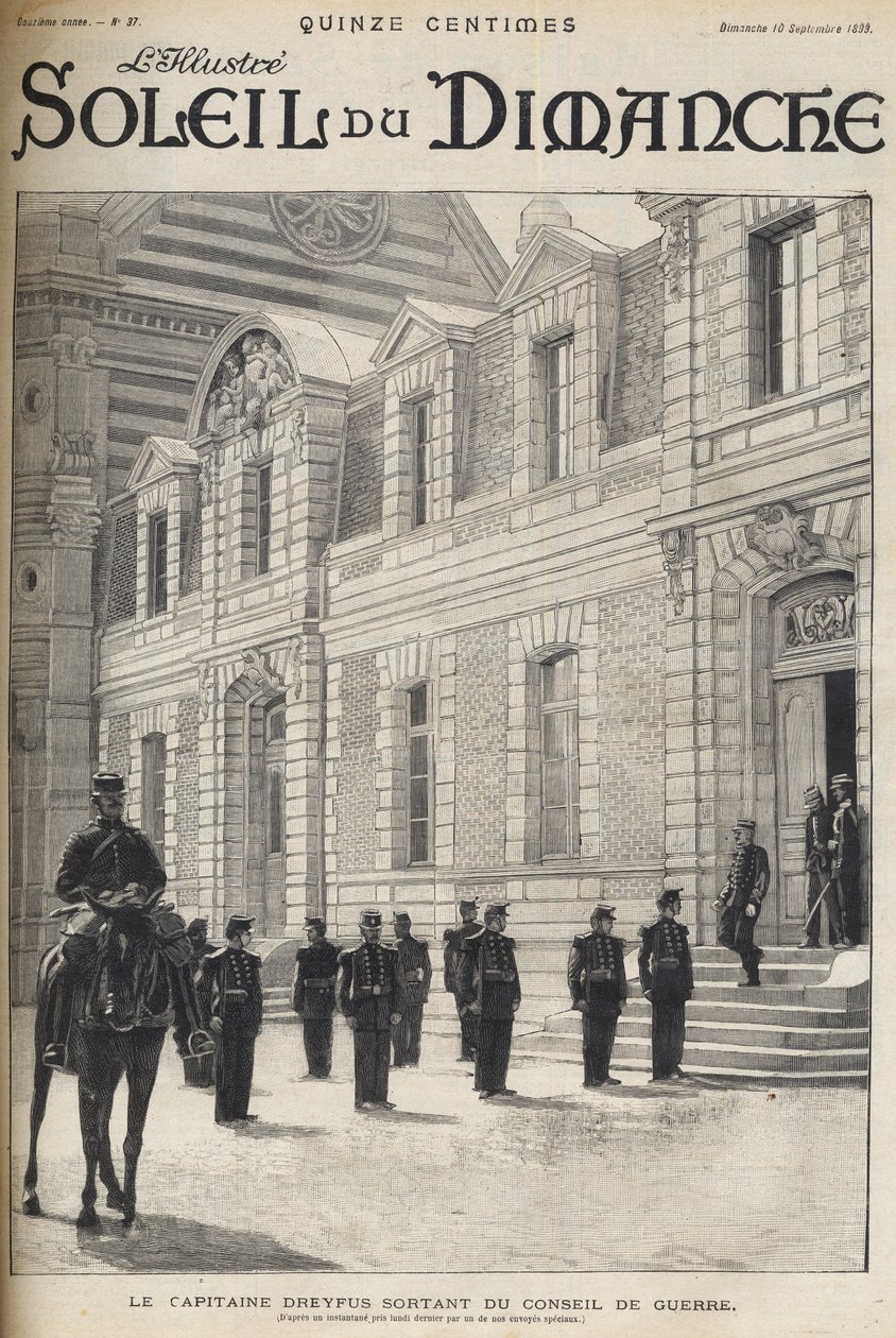 Dreyfusova aféra - Kapitán Alfred Dreyfus odchází z válečné rady - Dreyfusův případ - Proces de Rennes - Alfred Dreyfus opouští válečnou radu (1899) - „Le soleil du diamanche““ z roku 1899 od French School