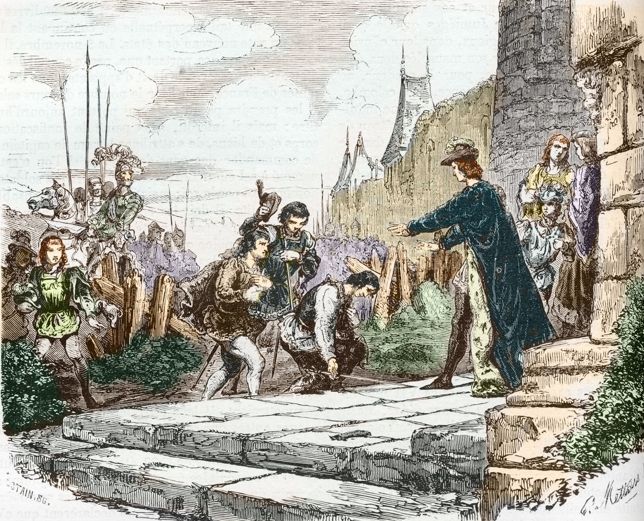 delfín Ludvík (tehdy Ludvík XI.), vévoda Jan II. z Alenconu a vévoda Karel I. Bourbonský žádají o odpuštění krále Karla VII. od French School