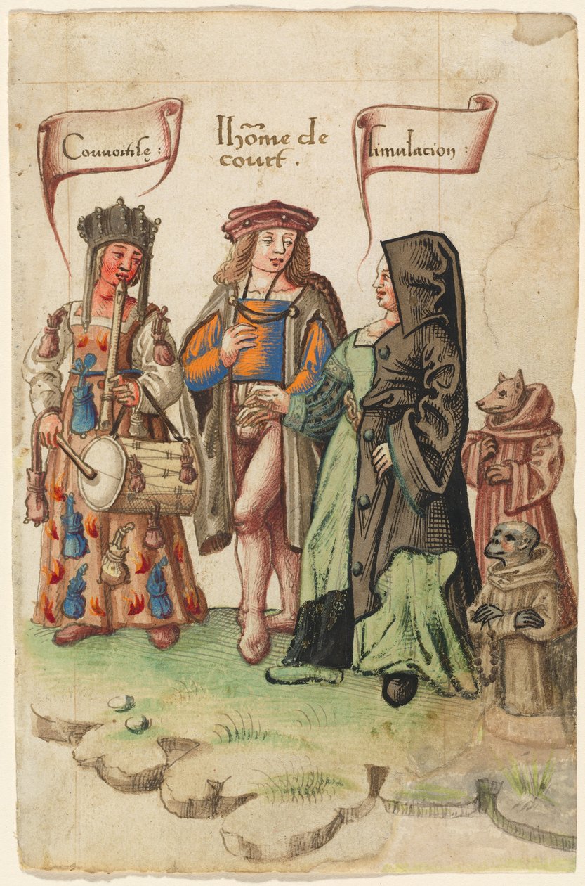 Dvořan stojící mezi žádostivostí a přetvářkou [fol. 14 recto] od French early 16th Century