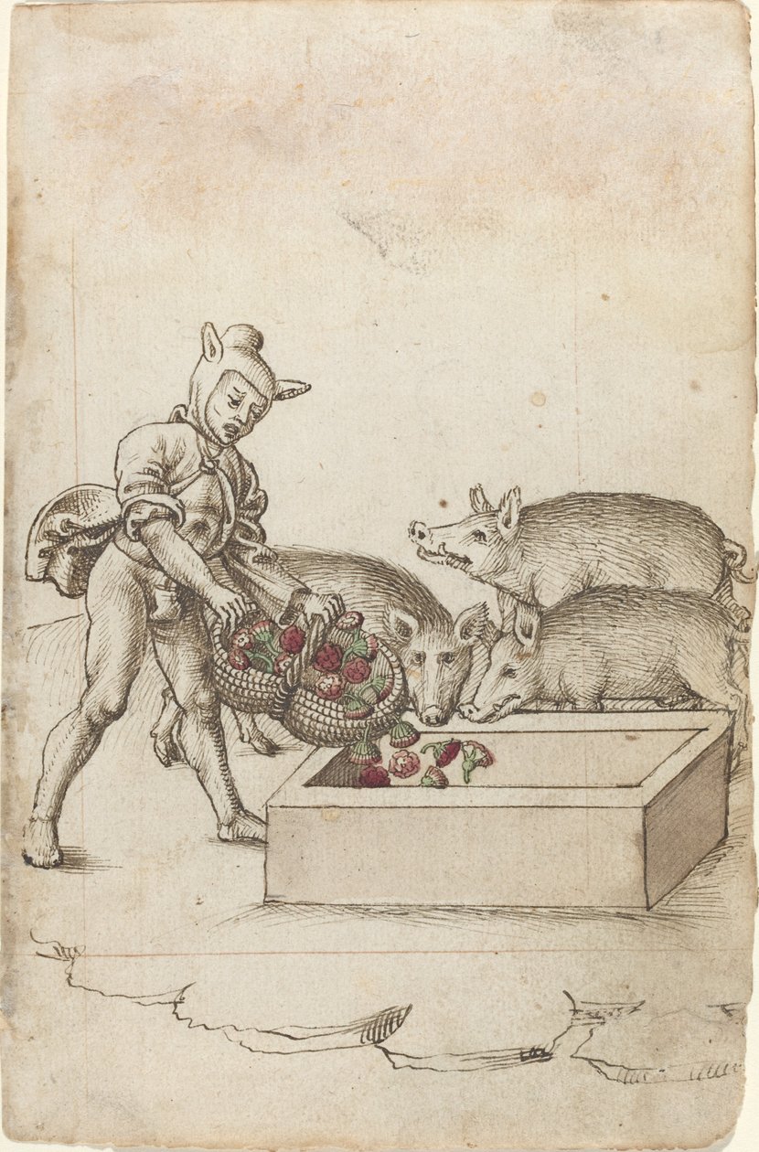 Blázen krmící svině květinami [fol. 42 recto] od French early 16th Century