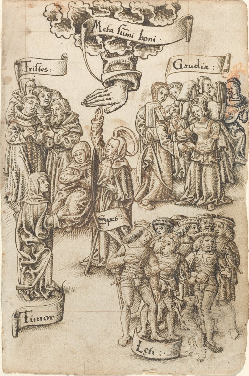 Naděje, sahání do nebe, stojí mezi smutnými a šťastnými muži, radostmi a strachem [fol. 19 recto] od French early 16th Century