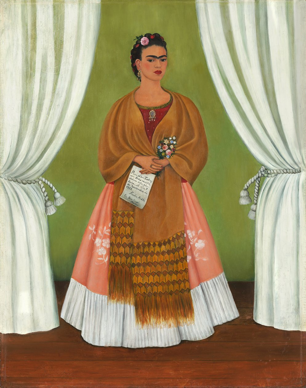 Frida Kahlo mezi dvěma záclonami / Autoportrét věnovaný Leonovi Trockému od Frida Kahlo