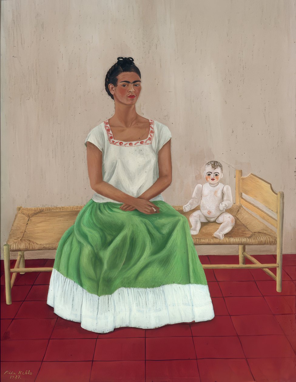 Autoportrét s postelí od Frida Kahlo