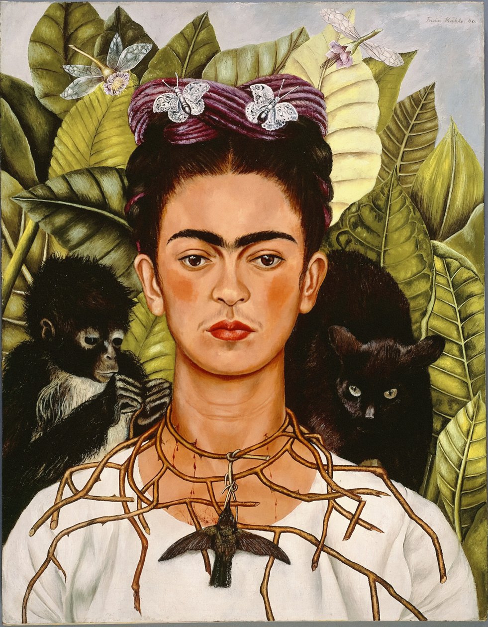 Autoportrét s trnovým náhrdelníkem a kolibříkem od Frida Kahlo