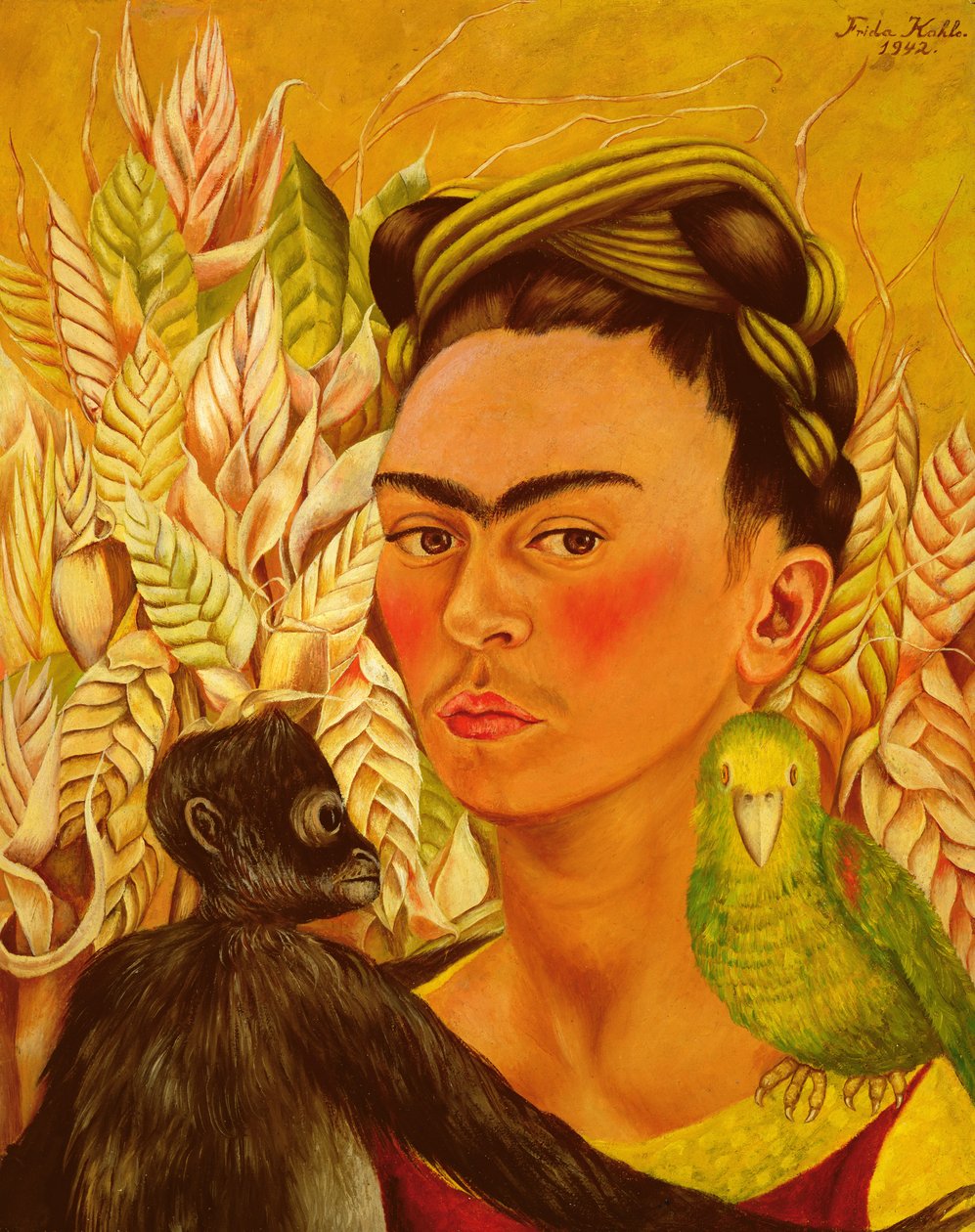 Autoportrét s opicí a papouškem od Frida Kahlo