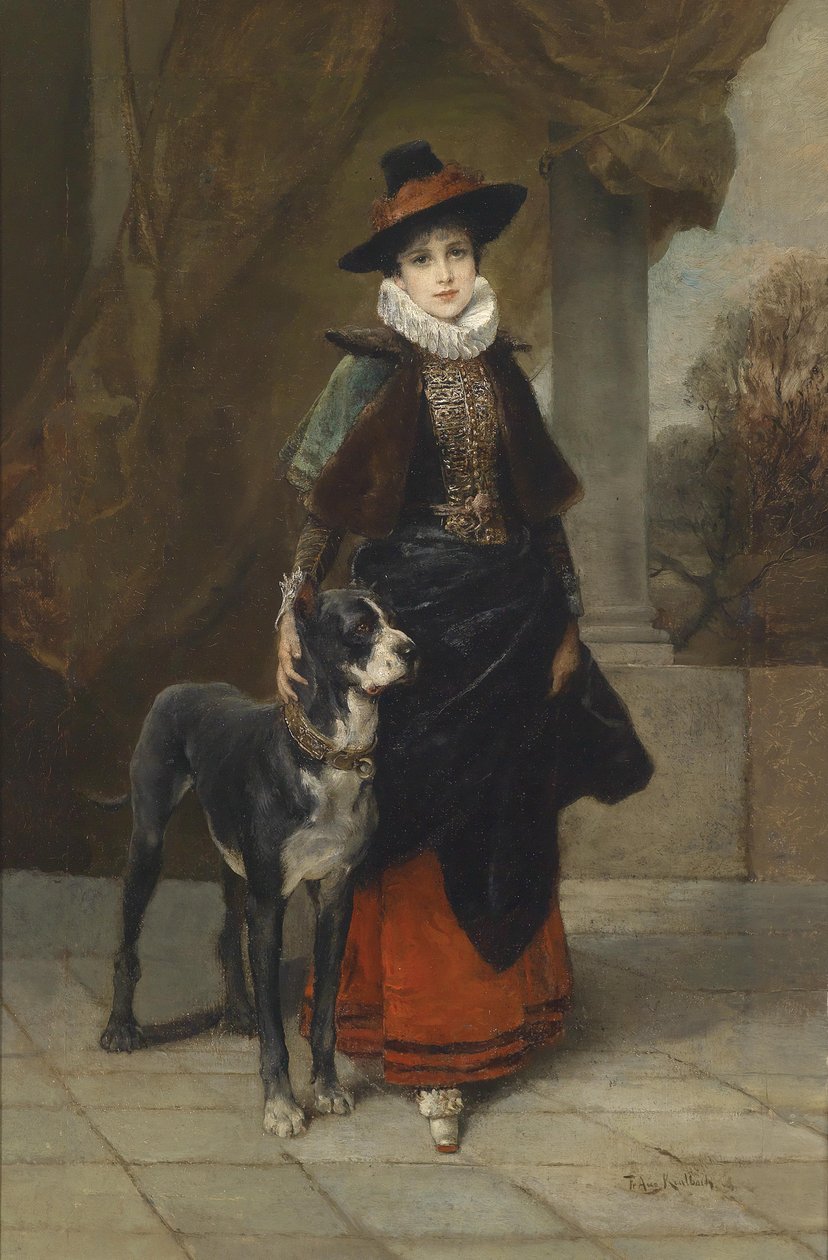 Portrét dámy v historizujícím kostýmu s mastifem od Friedrich August von Kaulbach
