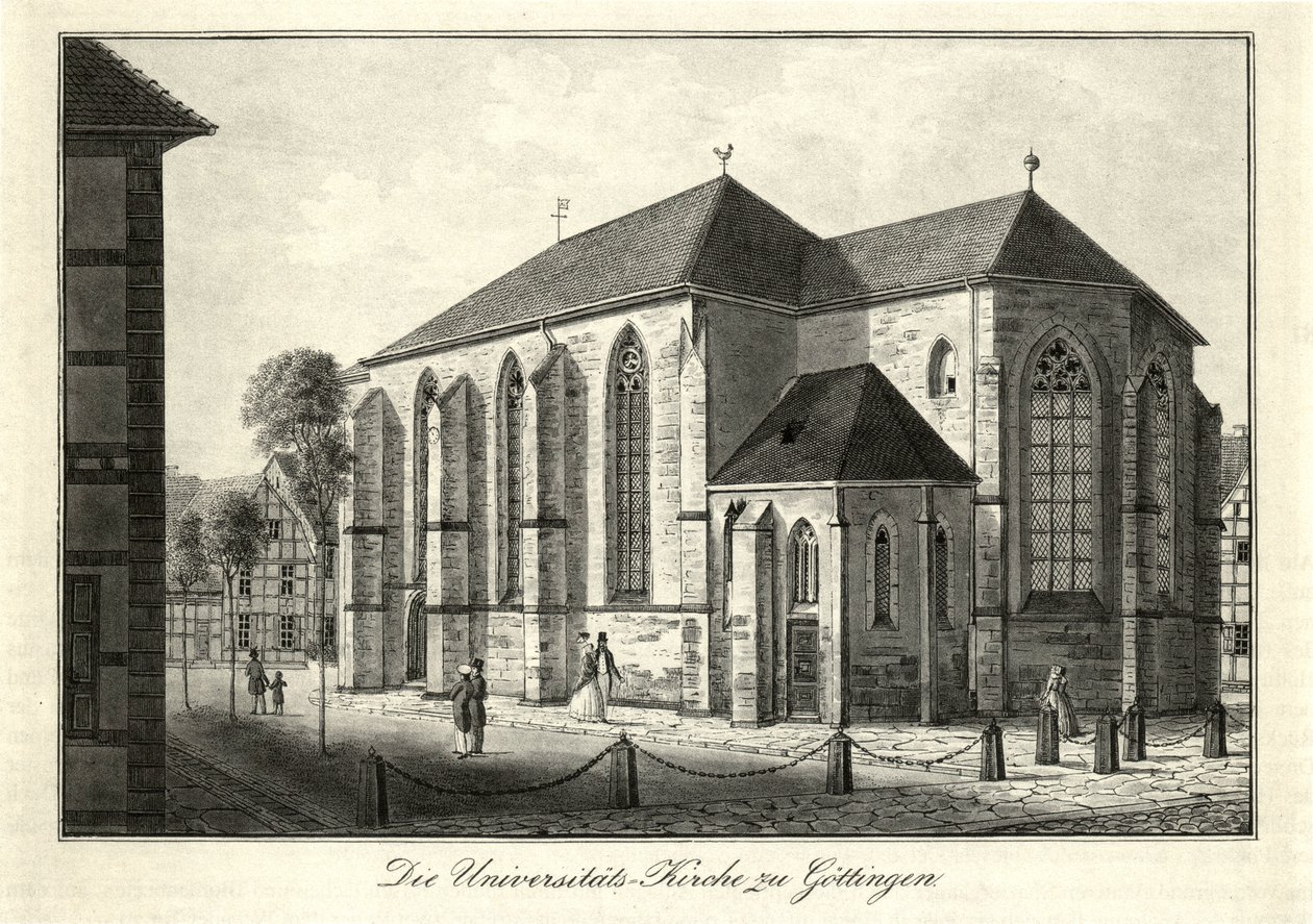 Pohled na Niolaikirche a Nikolaikirchhof v Göttingenu z jihovýchodu, od roku 1822 využívaný jako univerzitní kostel. od Friedrich Besemann