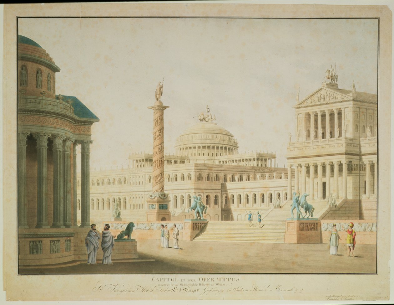 Kapitol, výprava pro „Tita“, od Wolfganga Amadea Mozarta (1756-91), představení režírované Antonem Genastem v Hoftheater ve Vídni, vyryto umělcem, 1815 od Friedrich Beuther