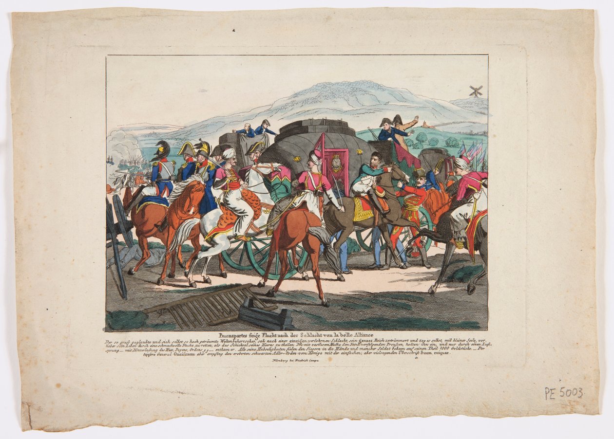 Útěk Napoleona z bitvy u Waterloo, 1815 (barevný lept) od Friedrich Campe