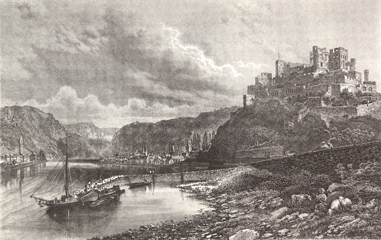 Sankt Goar, ocelová rytina z rýnského alba od Pierre Joseph Redouté