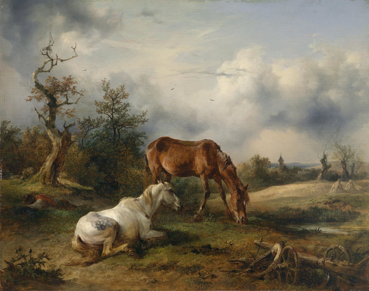 Dva koně (bílý kůň a liška) na pastvině od Friedrich Gauermann