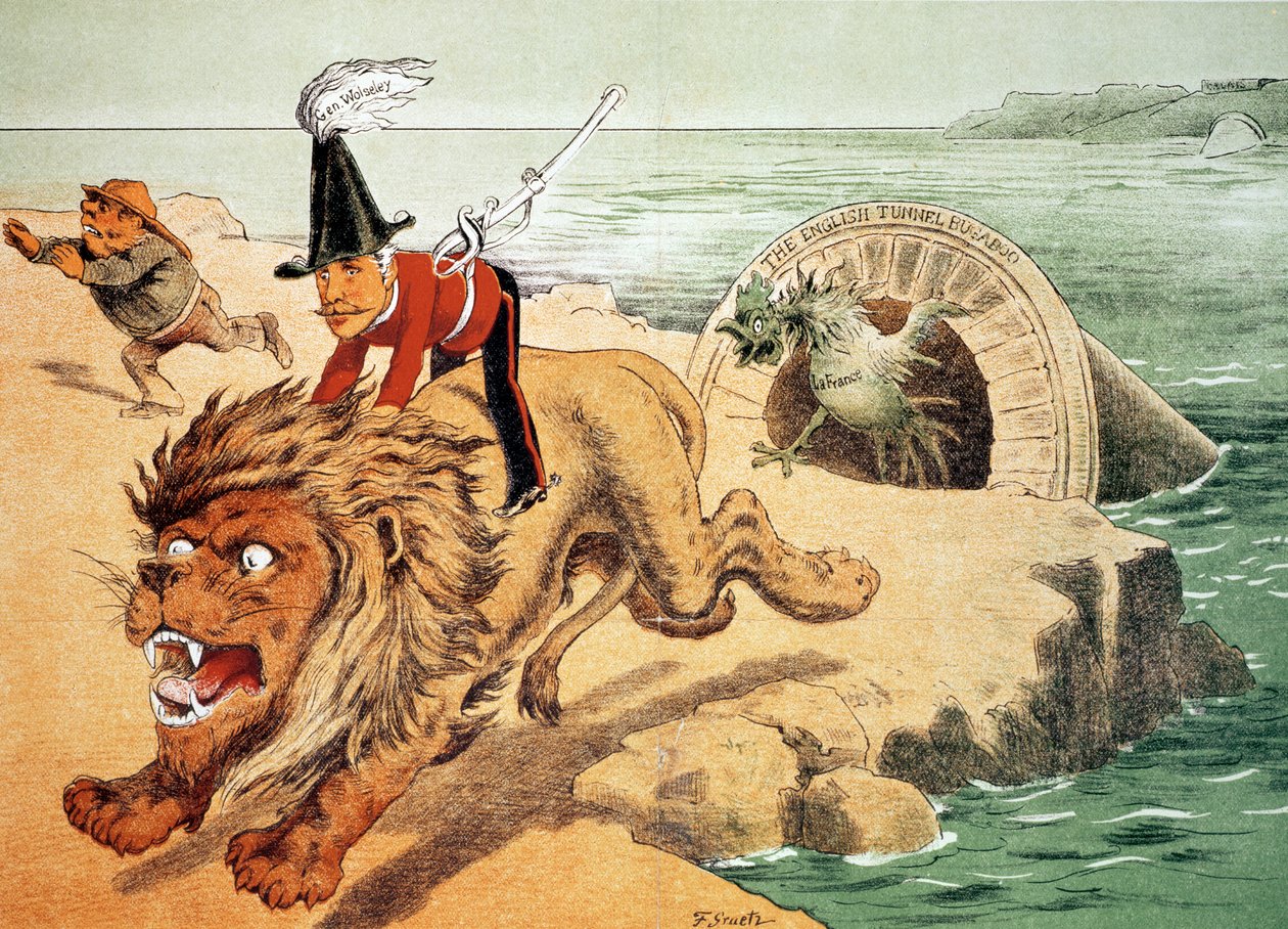„Lev nemůže čelit zkroucení kohouta“, Americký pohled na zděšení z tunelu pod Lamanšským průlivem, ilustrace z časopisu „Puck“ od Friedrich Graetz