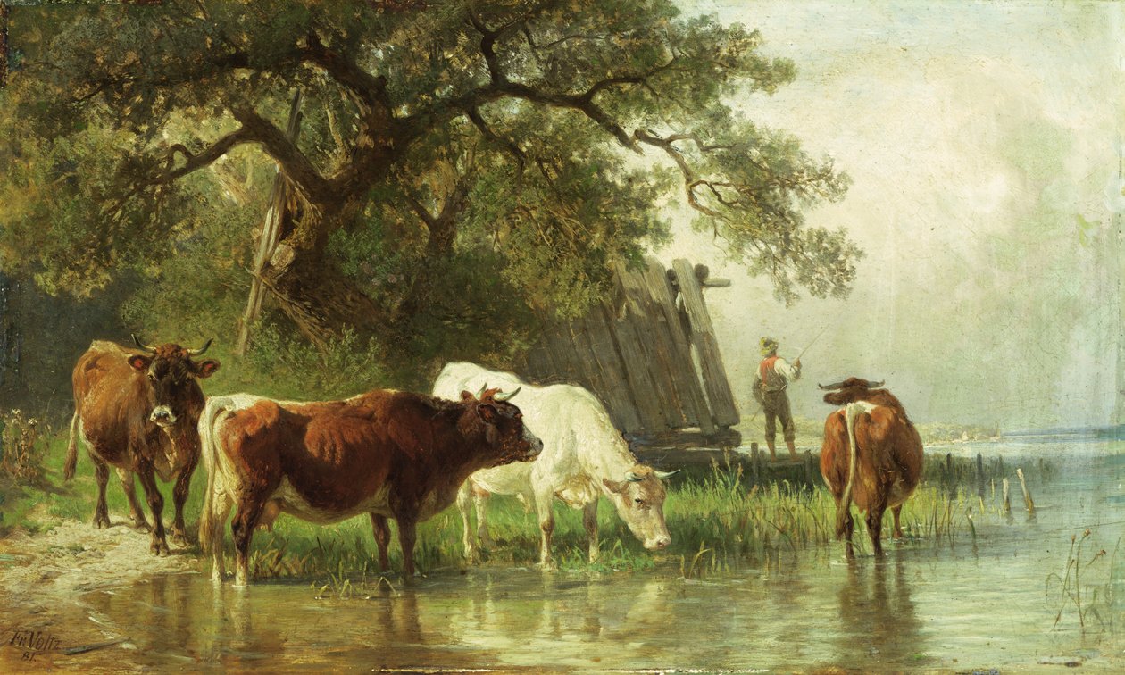 Napájení dobytka v říční krajině, 19. století od Friedrich Johann Voltz