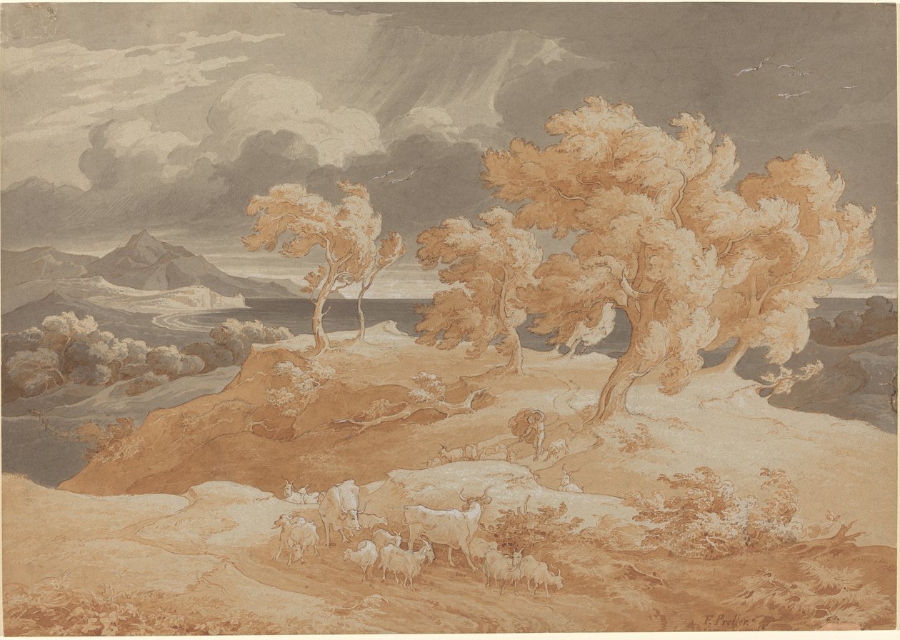 Italská pobřežní krajina s bouřkou od Friedrich Preller the Elder