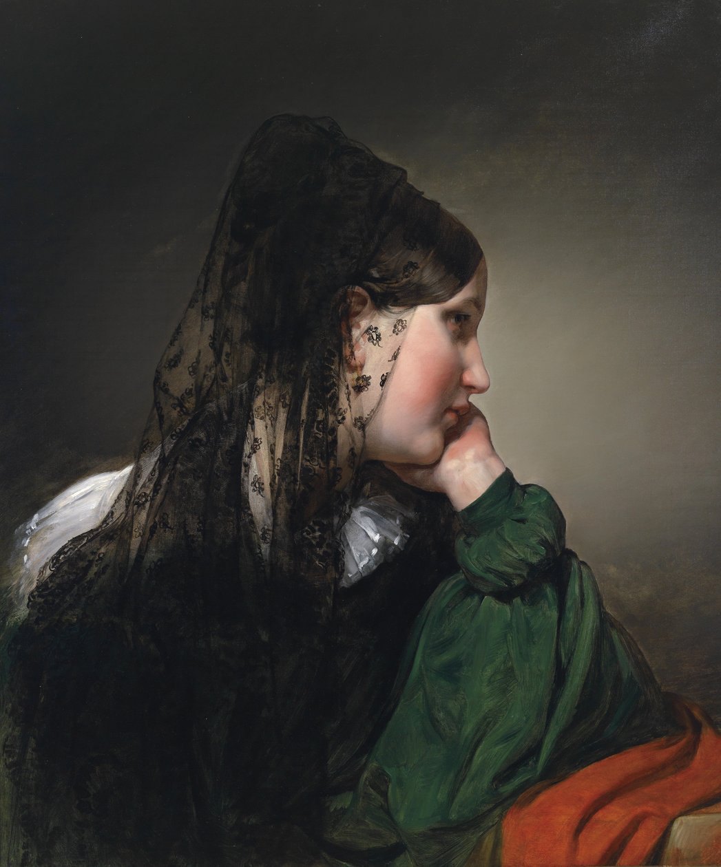 Dívka v profilu s černou mantilou. od Friedrich von Amerling