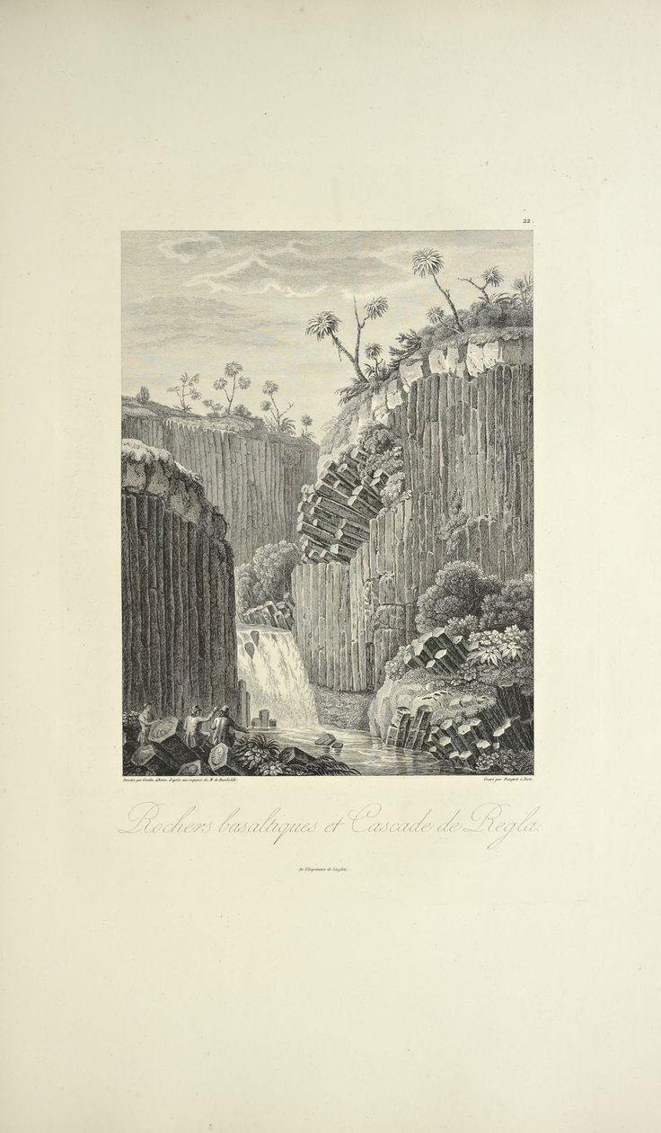 Čedičové skály a Cascade de Regla, kreslil Gmelin, ryl Bouquet, ilustrace z „Pohledy na Kordillery a pomníky domorodých národů Ameriky“ od Alexandra von Humboldta a Aime Bonpland od Friedrich Alexander Baron von (after) Humboldt