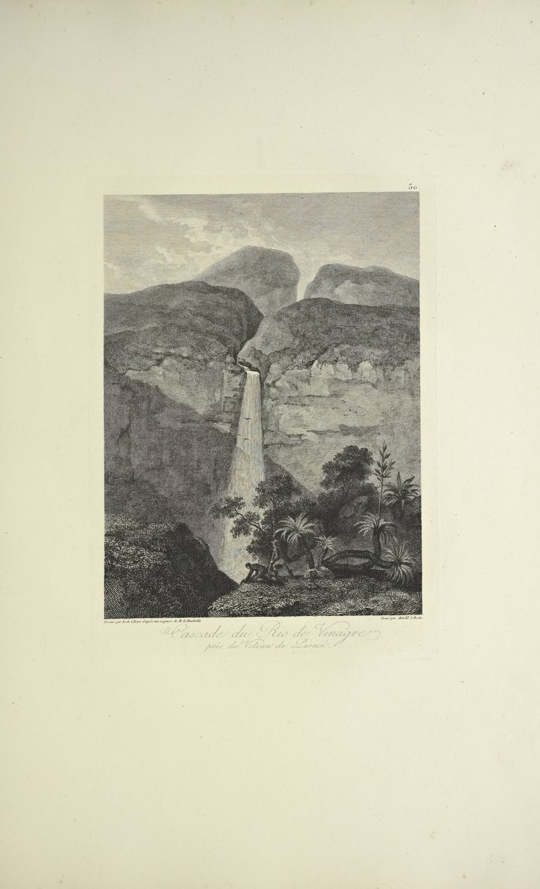 Vodopády Rio de Vinagre, poblíž sopky Purace, kreslil Koch, ryl Arnold, ilustrace z „Pohledy na Kordillery a památky domorodých národů Ameriky“ od Alexandra von Humboldta a Aime Bonpland od Friedrich Alexander Baron von (after) Humboldt
