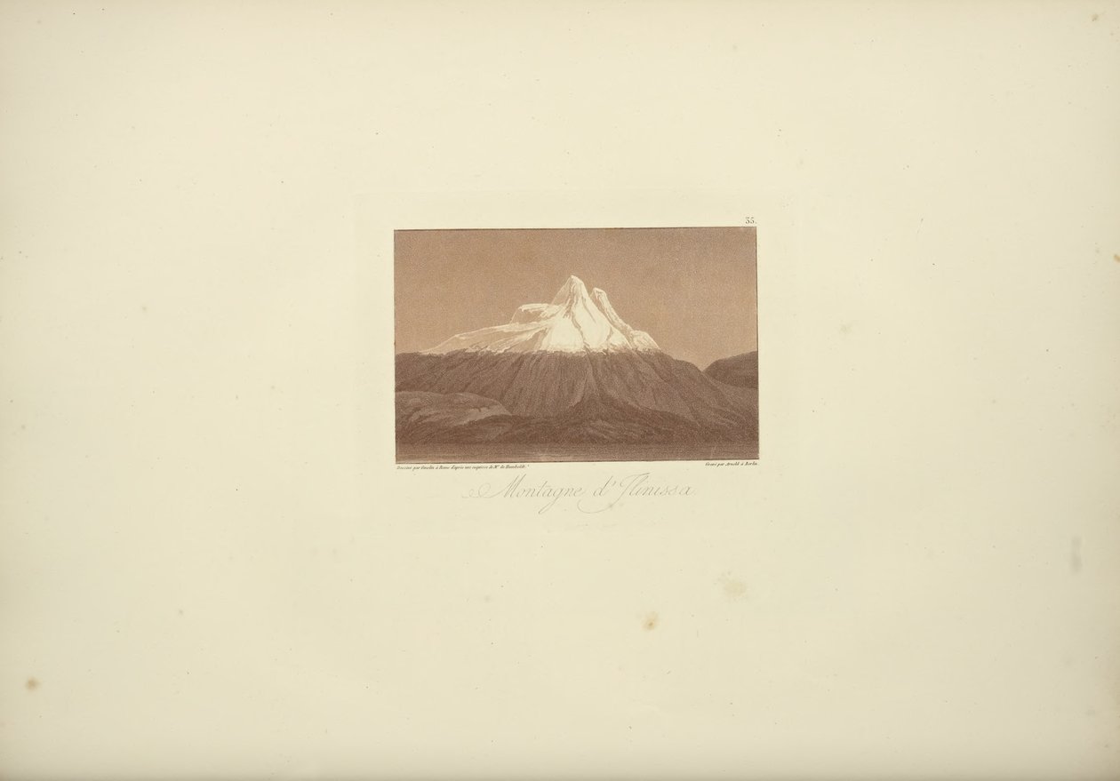 Mountains of Jlinissa, kreslil Gmelin, ryl bu Arnold, ilustrace z „Pohledy na Kordillery a památníky domorodých národů Ameriky“ od Alexandra von Humboldta a Aime Bonpland od Friedrich Alexander Baron von (after) Humboldt