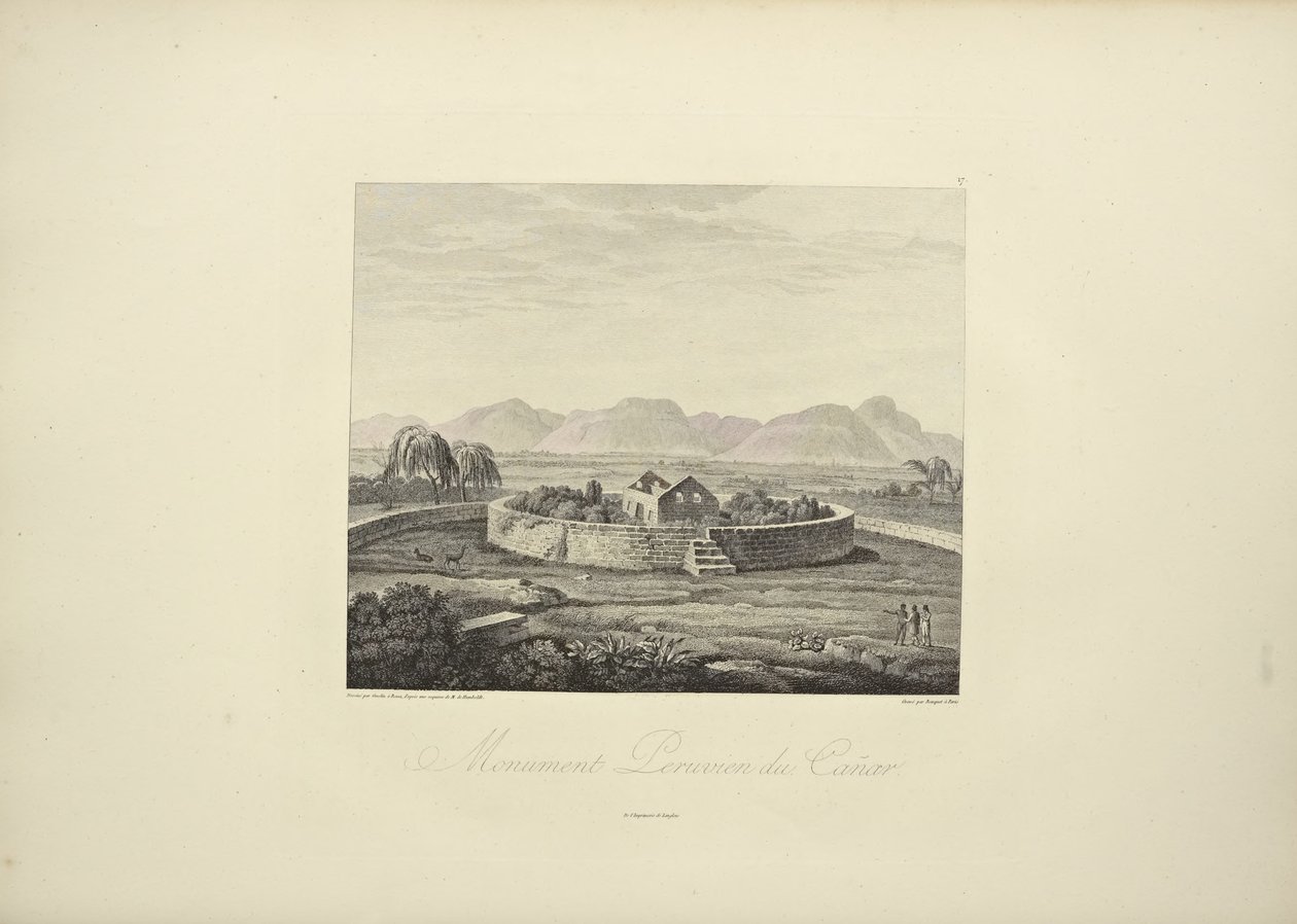 Peruánský památník Canar, kreslil Gmelin, ryl Bouquet, ilustrace z „Pohledy na Kordillery a pomníky domorodých národů Ameriky“ od Alexandra von Humboldta a Aime Bonpland od Friedrich Alexander Baron von (after) Humboldt