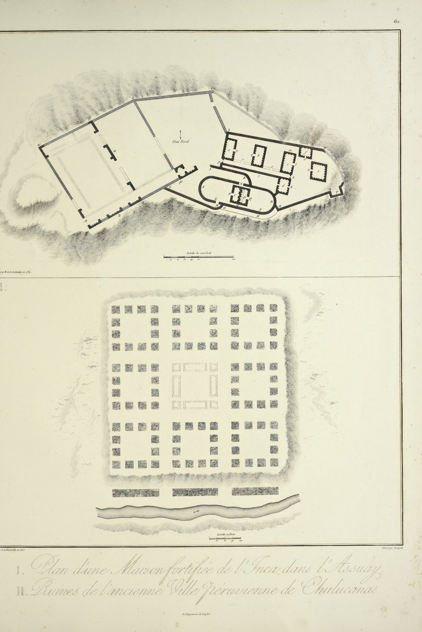 Plán opevněného obydlí Inků v Assuay; a ruiny starověkého peruánského města Chulucanas, vyryl Bouquet, ilustrace z „Pohledy na Kordillery a památky domorodých národů Ameriky“ od Alexandra von Humboldta a Aime Bonpland od Friedrich Alexander Baron von (after) Humboldt