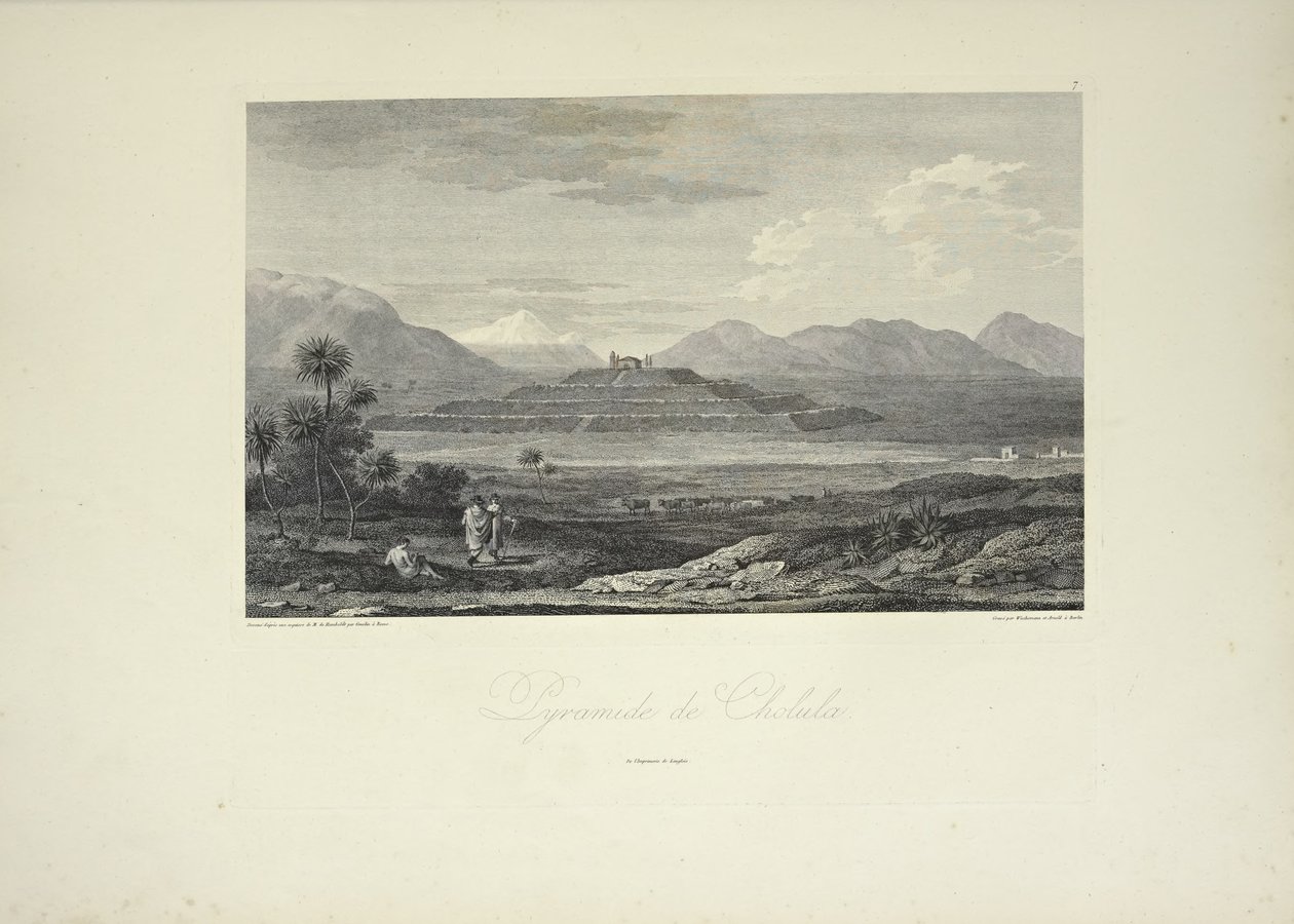 Pyramida Cholula, nakreslil Gmelin, ilustrace z „Pohledy na Kordillery a památky domorodých národů Ameriky“ od Alexandra von Humboldta a Aime Bonpland od Friedrich Alexander Baron von (after) Humboldt