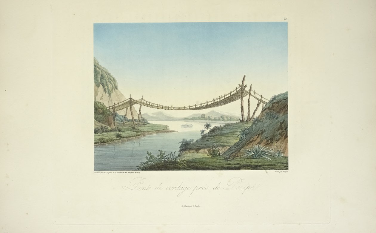 Lanový most poblíž Penipe, kreslil Marchais, ryl Bouquet, ilustrace z „Pohledy na Kordillery a památky domorodých národů Ameriky“ od Alexandra von Humboldta a Aime Bonpland od Friedrich Alexander Baron von (after) Humboldt