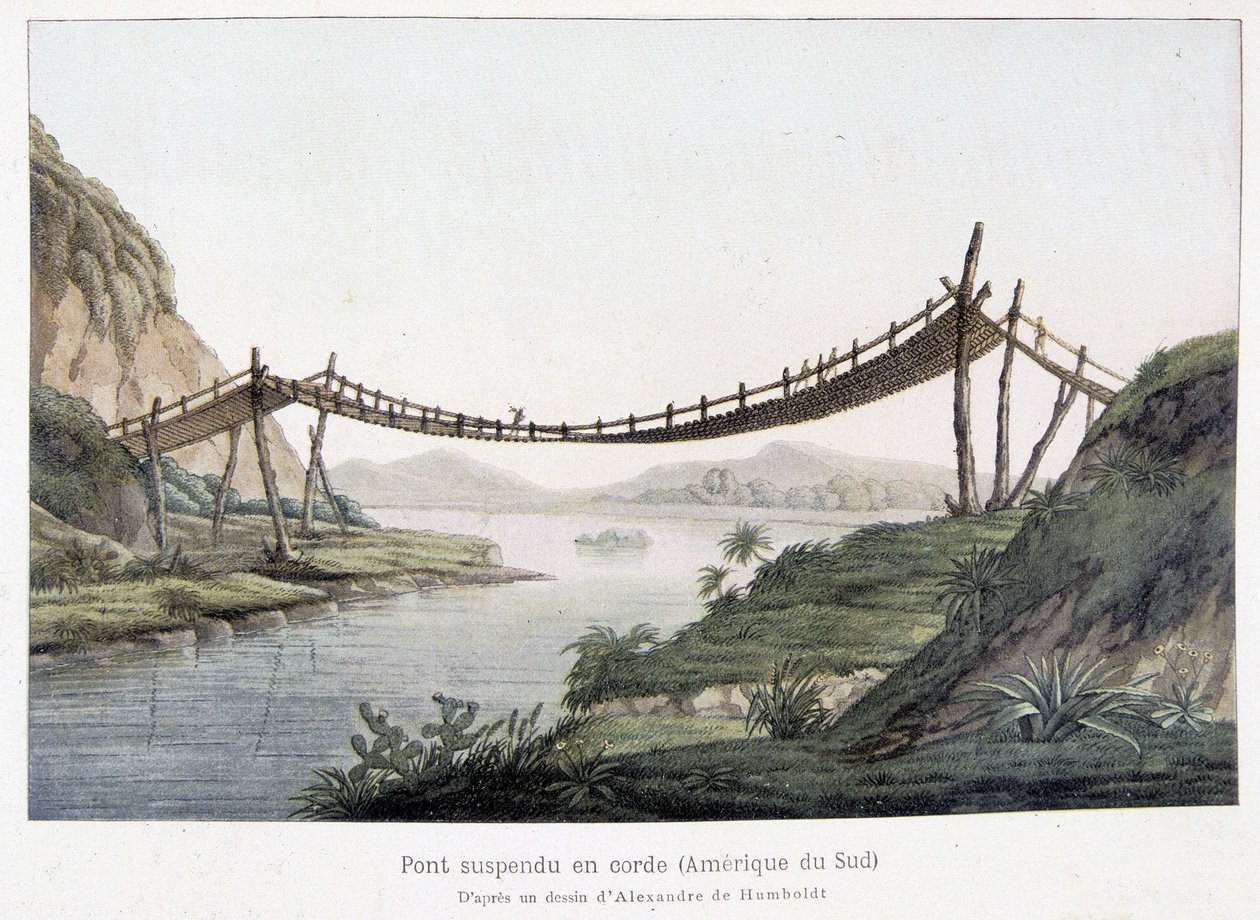 Lanový visutý most v Jižní Americe podle kresby Alexandra Von Humboldta (Alexander de Humboldt od Friedrich Alexander Baron von (after) Humboldt
