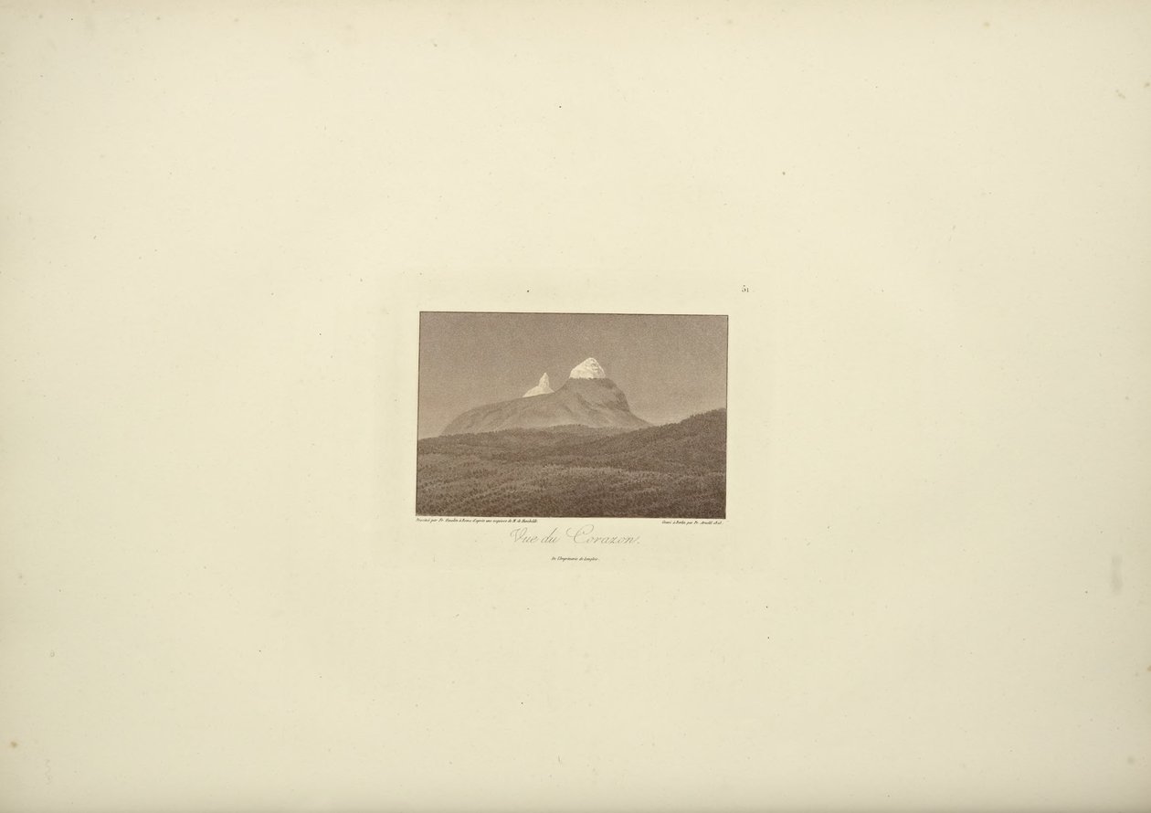 Pohled na Corazon, kreslil Gmelin, ryl Arnold, ilustrace z „Pohledy na Kordillery a památníky domorodých národů Ameriky“ od Alexandra von Humboldta a Aime Bonpland od Friedrich Alexander Baron von (after) Humboldt