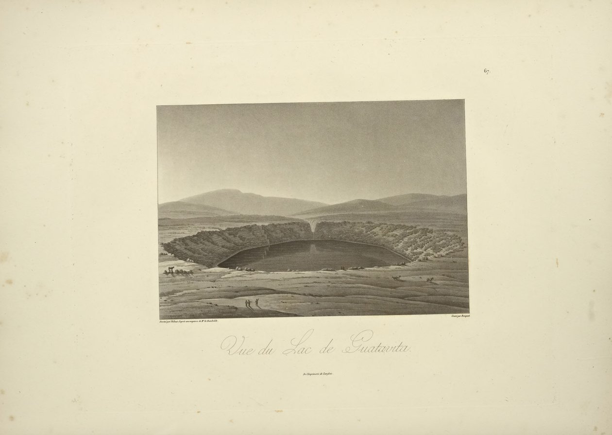 Pohled na jezero Guatavita, kreslil Thibaut, ryl Bouquet, ilustrace z „Pohledy na Kordillery a památky domorodých národů Ameriky“ od Alexandra von Humboldta a Aime Bonpland od Friedrich Alexander Baron von (after) Humboldt