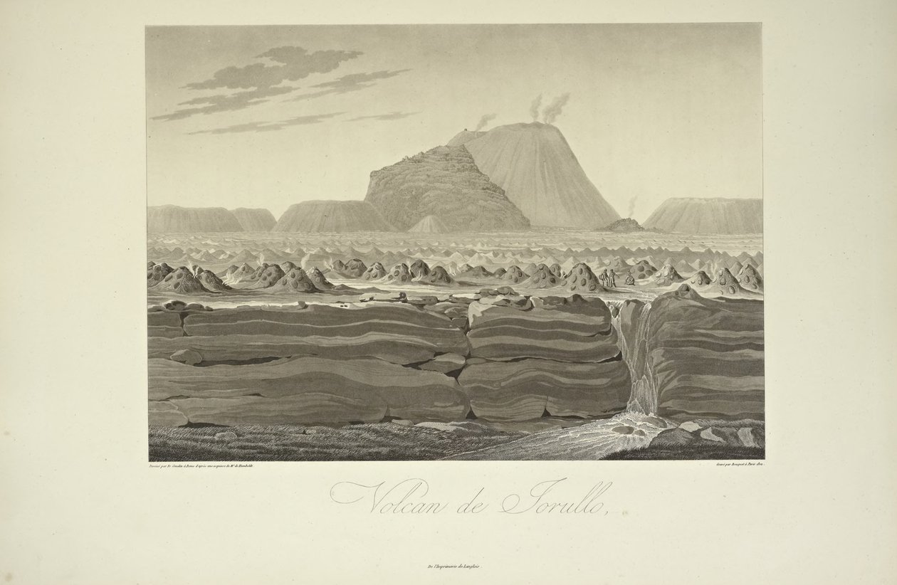 Sopka Jorullo, kreslil Gmelin, ilustrace z „Pohledy na Kordillery a památky domorodých národů Ameriky“ od Alexandra von Humboldta a Aime Bonpland od Friedrich Alexander Baron von (after) Humboldt