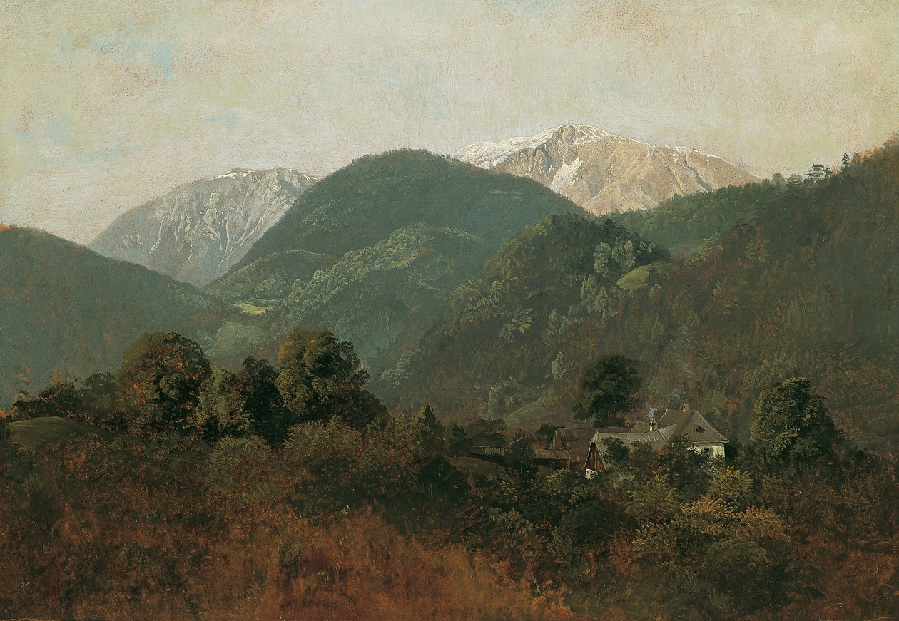 Pohled ze Scheuchensteinu na Gauermannhof se Schneebergem v pozadí od Friedrich August Mathias Gauermann