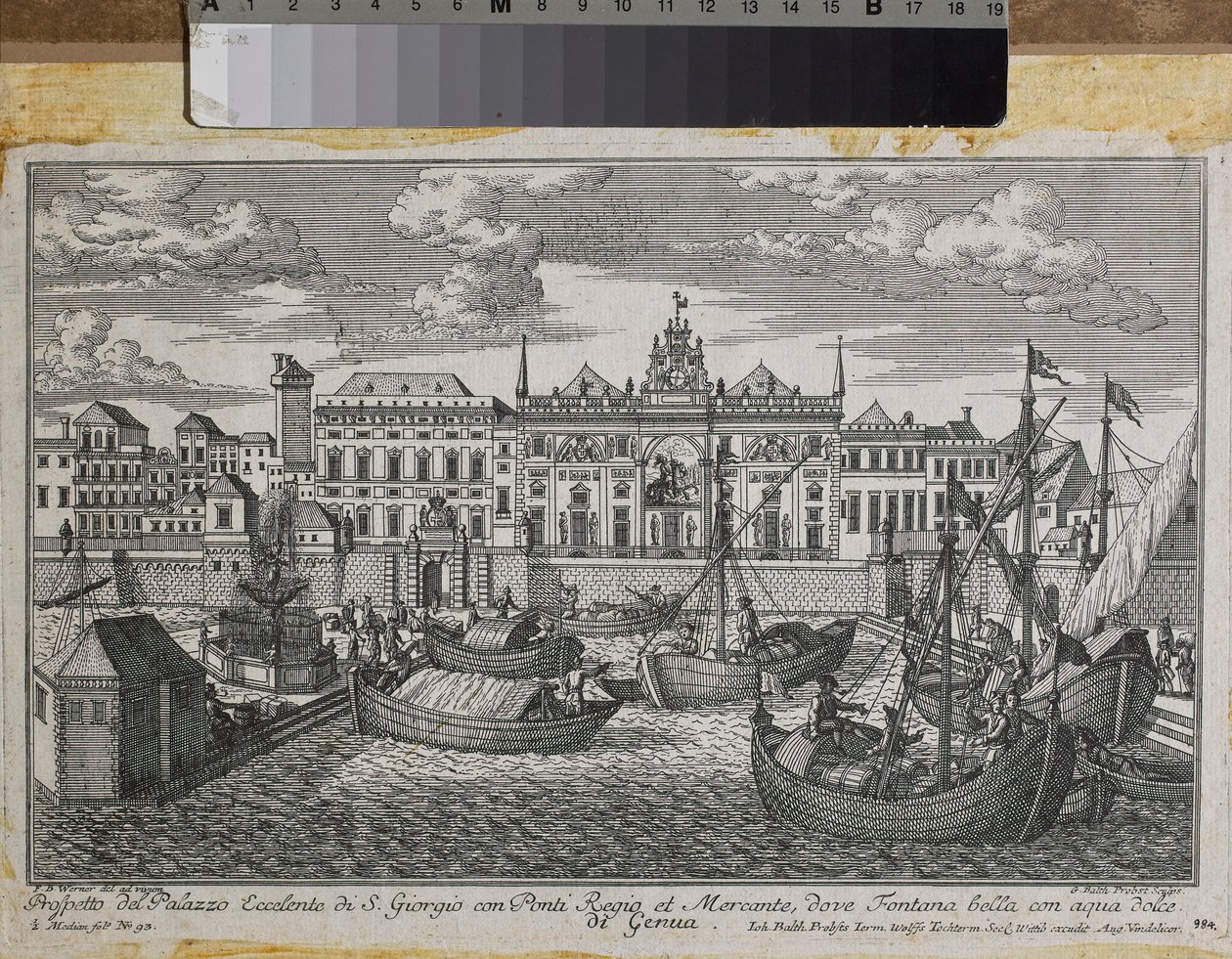 Plán Janova zobrazující Královský most, Nový most Mercanzia a Palác sv. Jiří při pohledu z moře, kolem roku 1750 (rytina) od Friedrich Bernhard Werner