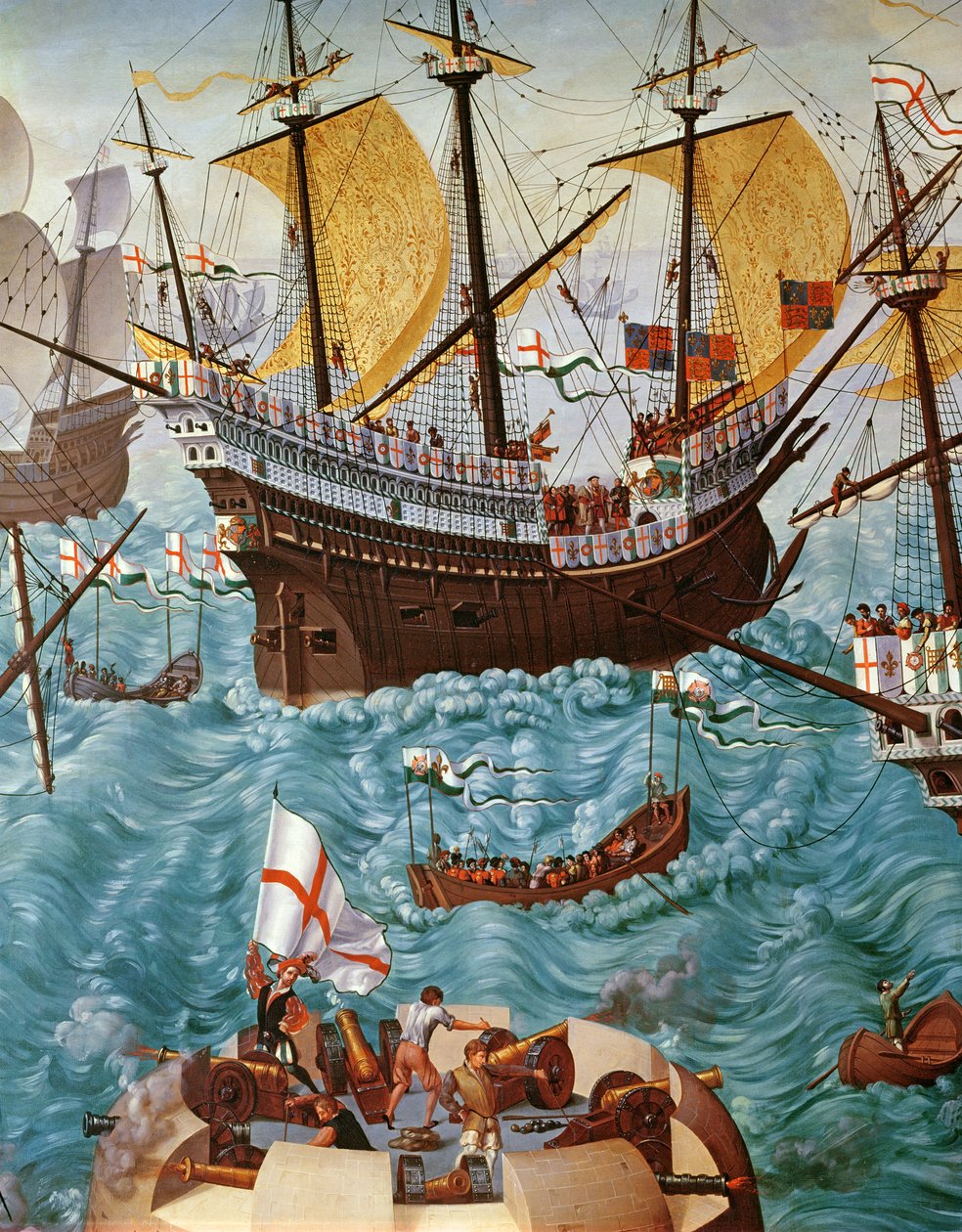 Nalodění Jindřicha VIII. 1491-1547 na palubu Henry Grace a Dieu v roce 1520, zkopírované z malby Vincenta Volpiho detail olej na plátně z roku 148771 od Friedrich Bouterwek