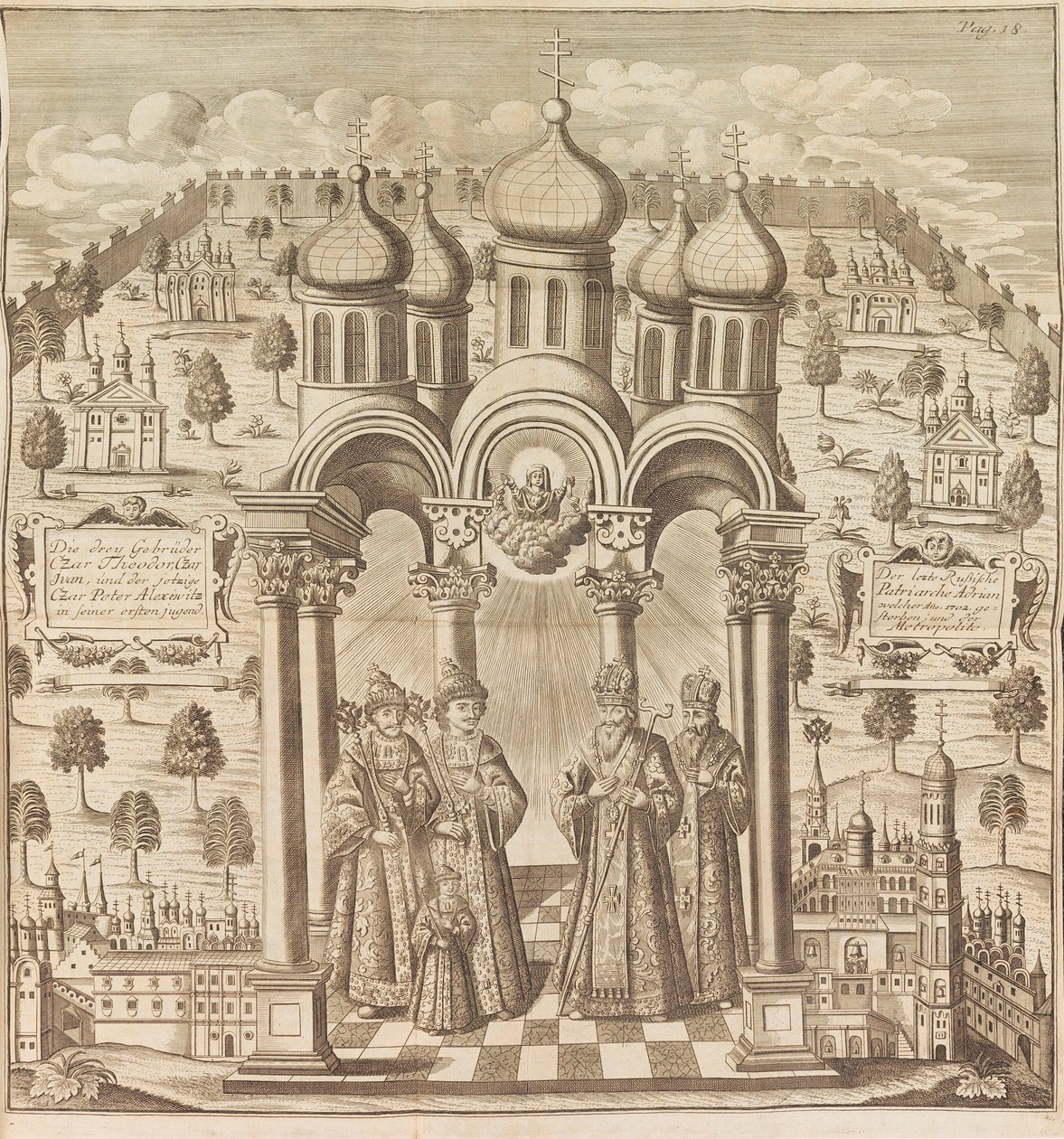 Feodor III., Petr I., Ivan V. a patriarcha Adrian I. Z Das veraenderte Russland..., 1721. od Friedrich Christian Weber