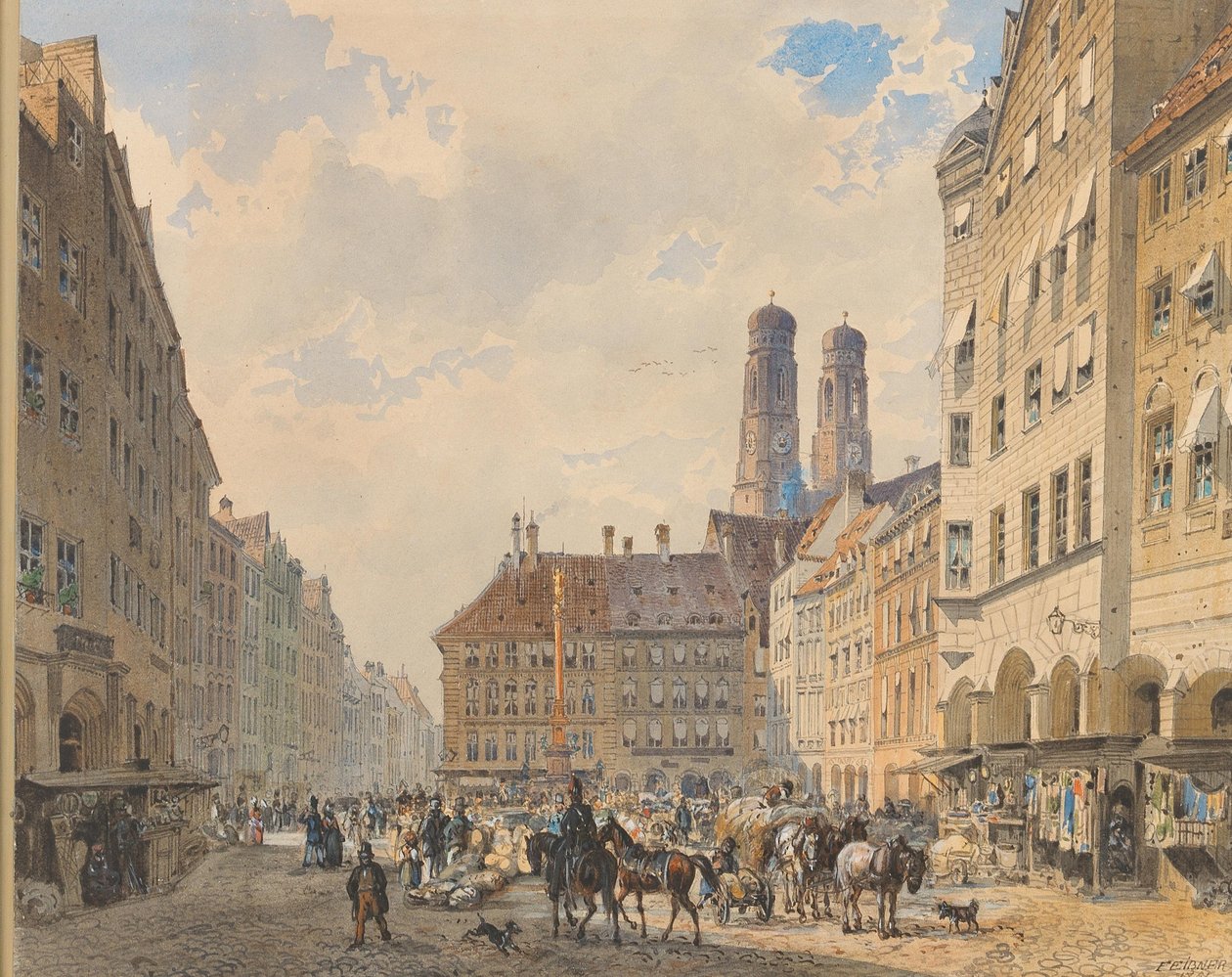 Mnichovské náměstí Marienplatz s kostelem Frauenkirche v pozadí od Friedrich Eibner