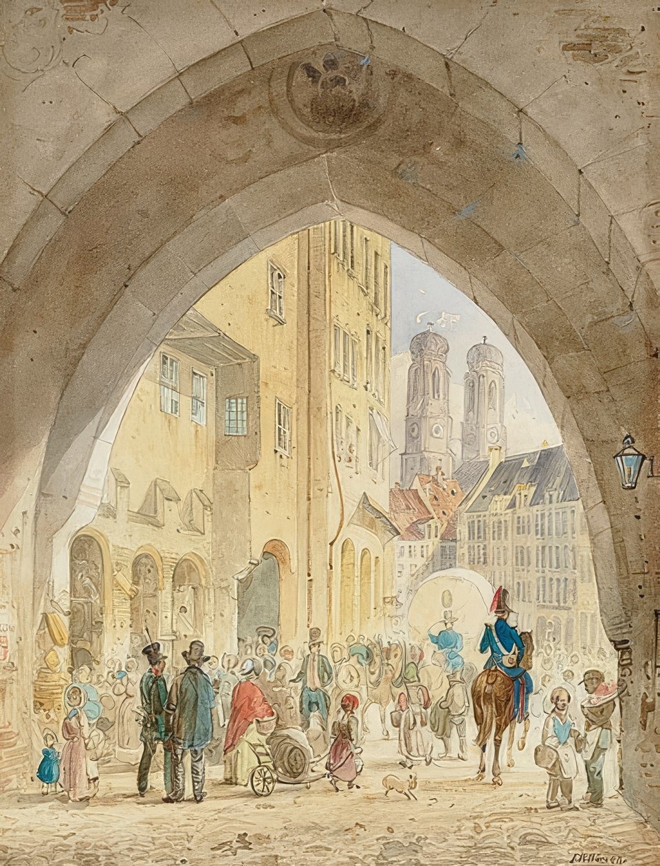 Mnichov - Pohled ze staré radnice na věže Frauenkirche. 1849 od Friedrich Eibner
