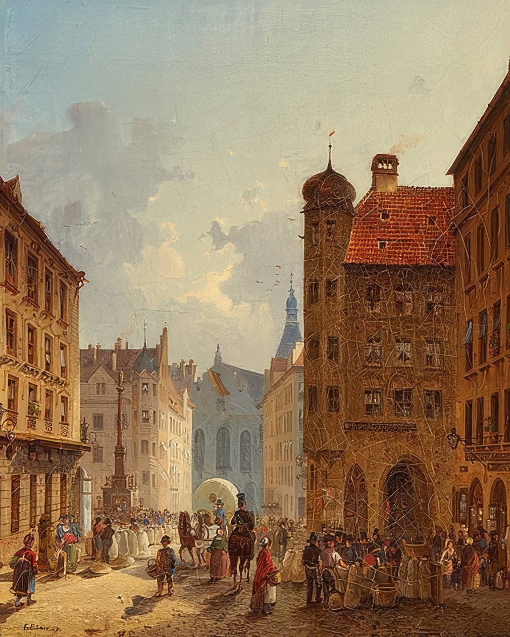 Mnichov - Pohled z Kaufingerstrasse na starou radnici. 1849 od Friedrich Eibner