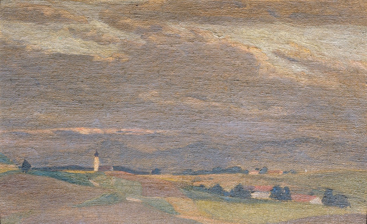 Večerní krajina s kostelní věží od Friedrich Hasslwander