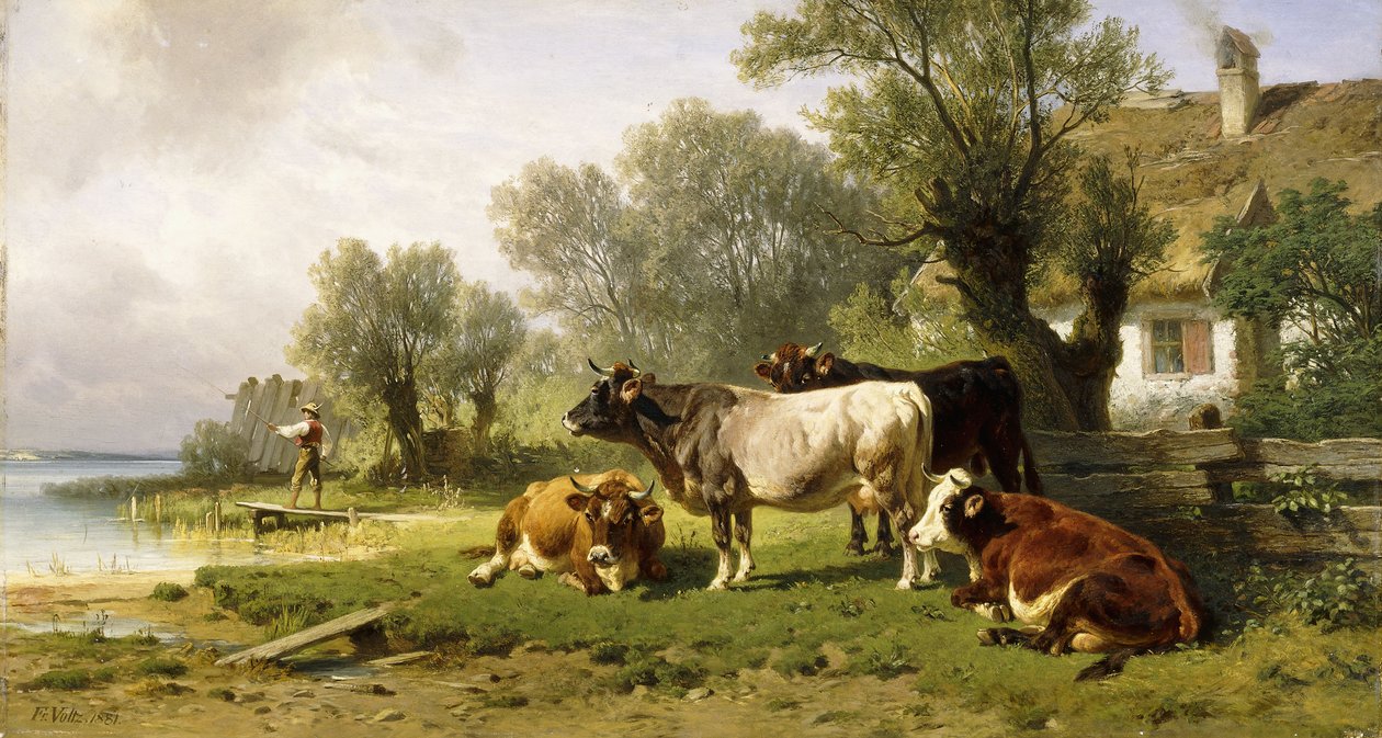 Dobytek na farmě podél řeky s rybářem za nimi, 1881 od Friedrich Johann Voltz