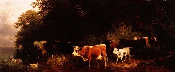 Zalesněná říční krajina s honákem a napájením dobytka od Friedrich Johann Voltz