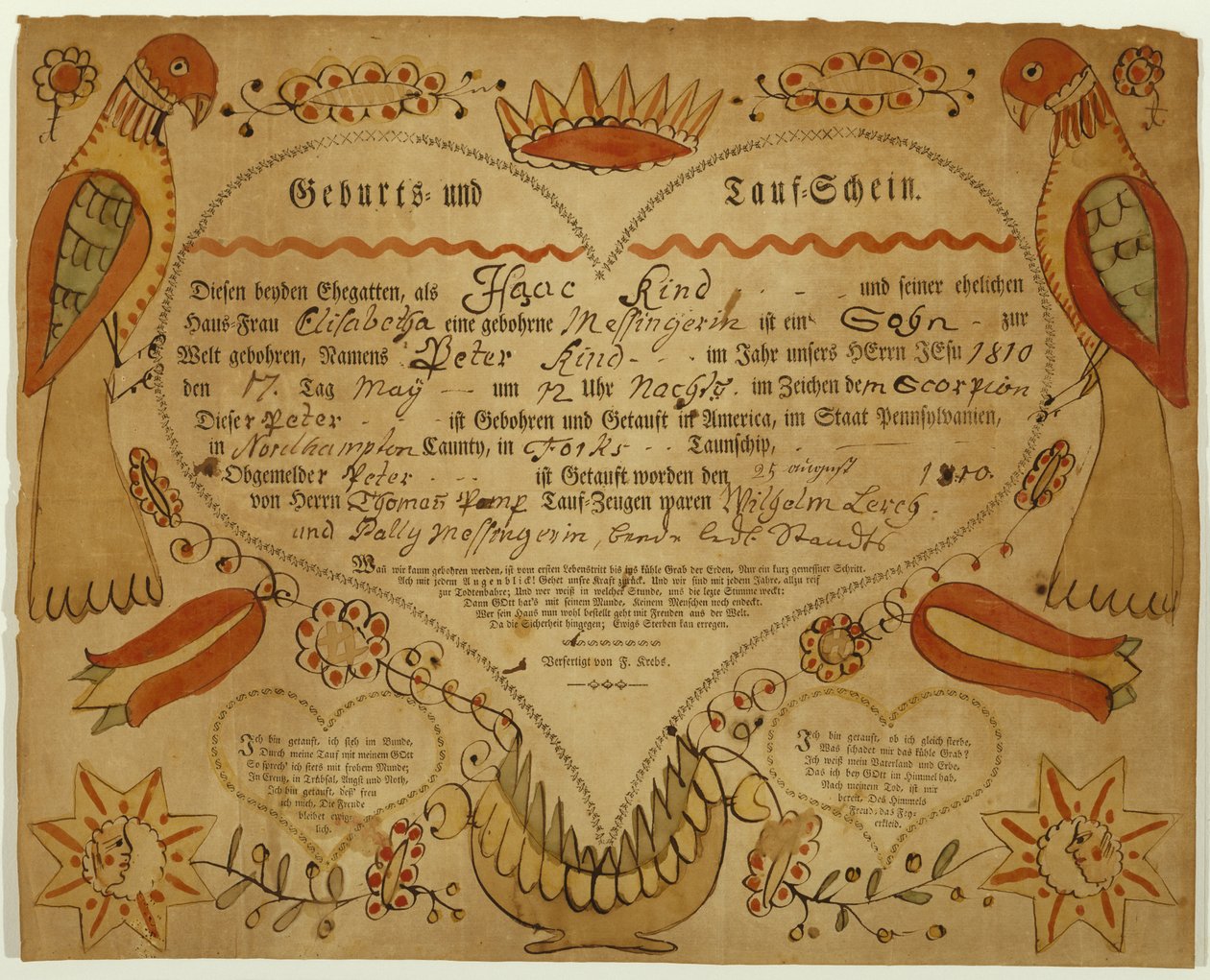 rodný a křestní list, c. 1790-1800 (oxgall inkoust, akvarel a rytina na položený papír) od Friedrich Krebs