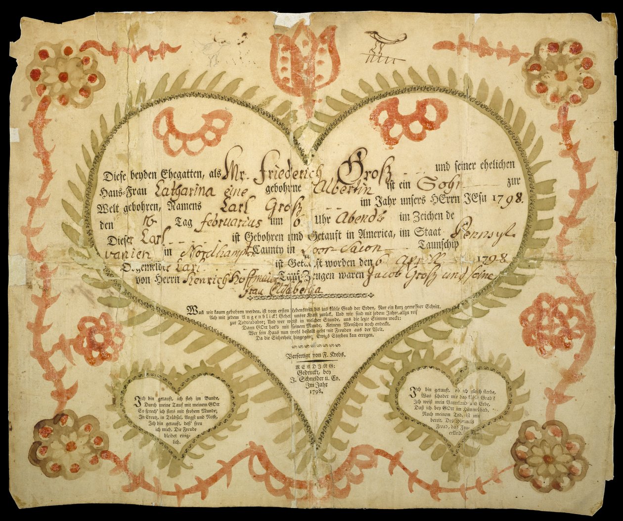 rodný a křestní list, c. 1800 (oxgall inkoust, akvarel a rytina na položený papír) od Friedrich Krebs