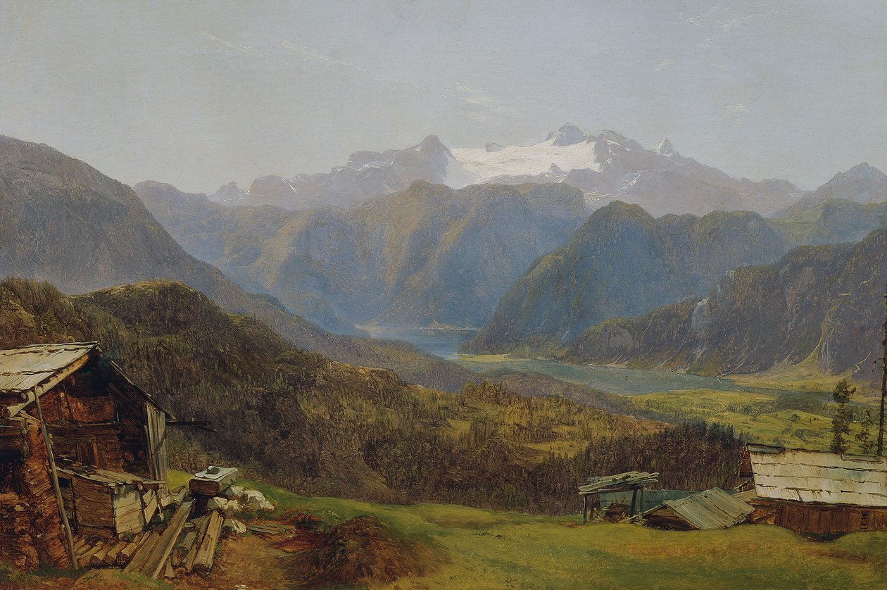 Pohled na Hallstattské jezero a Dachstein z Hütteneckalmu od Friedrich Loos