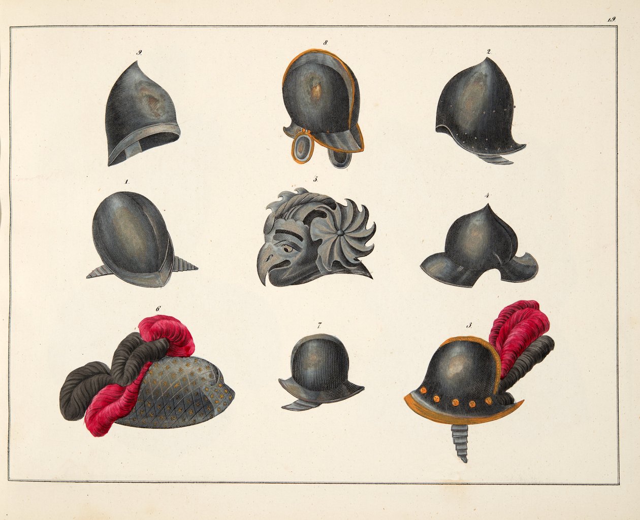 Helmy, deska z „Historie vývoje a zvyků rytířství“, od Dr. Franze Kottenkampa, vydal Carl Hoffmann, 1842 od Friedrich Martin von Reibisch