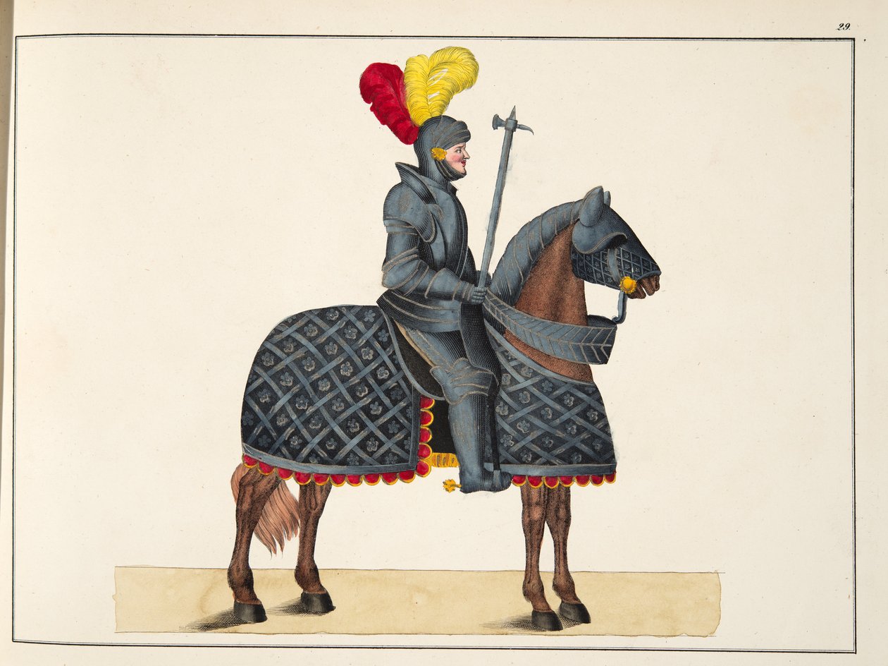 Rytíř v brnění na koni, deska z „Historie vývoje a zvyků rytířství“ od Dr. Franze Kottenkampa, vydal Carl Hoffmann, 1842 od Friedrich Martin von Reibisch